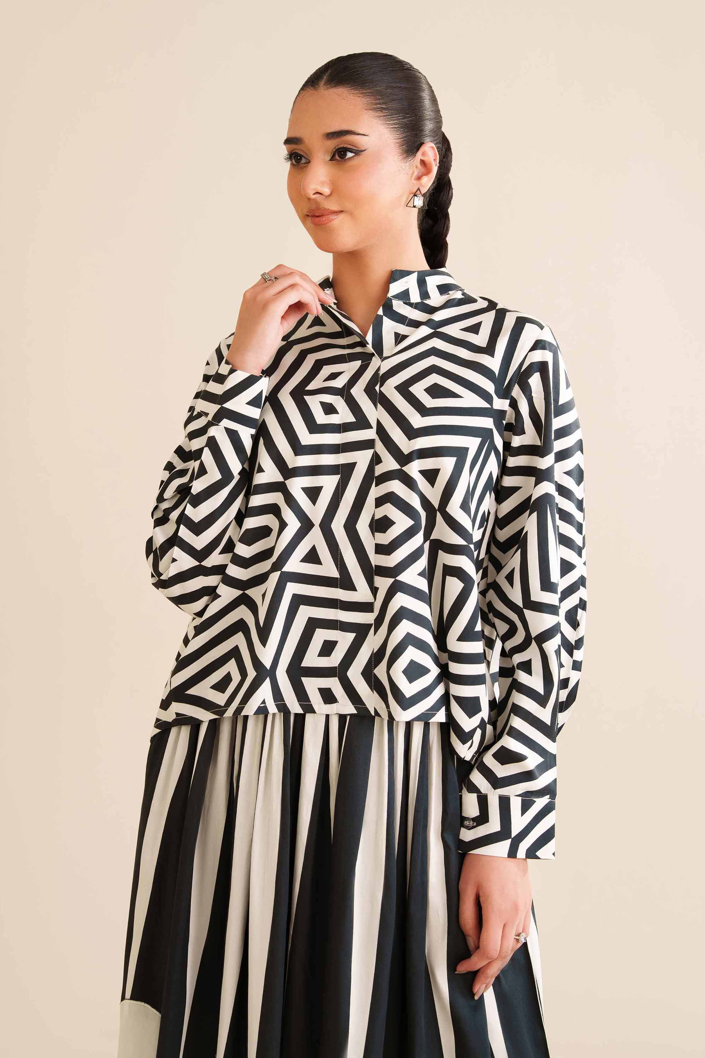 NishatUAE - Black & White Printed Satin 2-piece Ready To Wear Dress