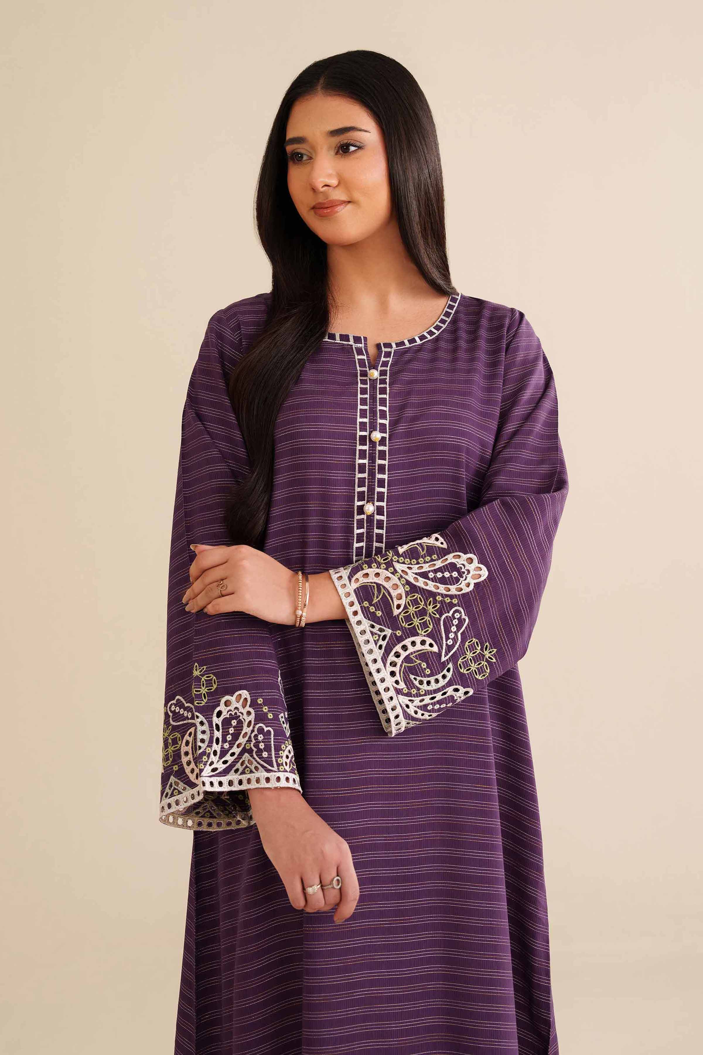NISHATUAE - Purple Embroidered Fancy Stripe Ready to wear Shirt