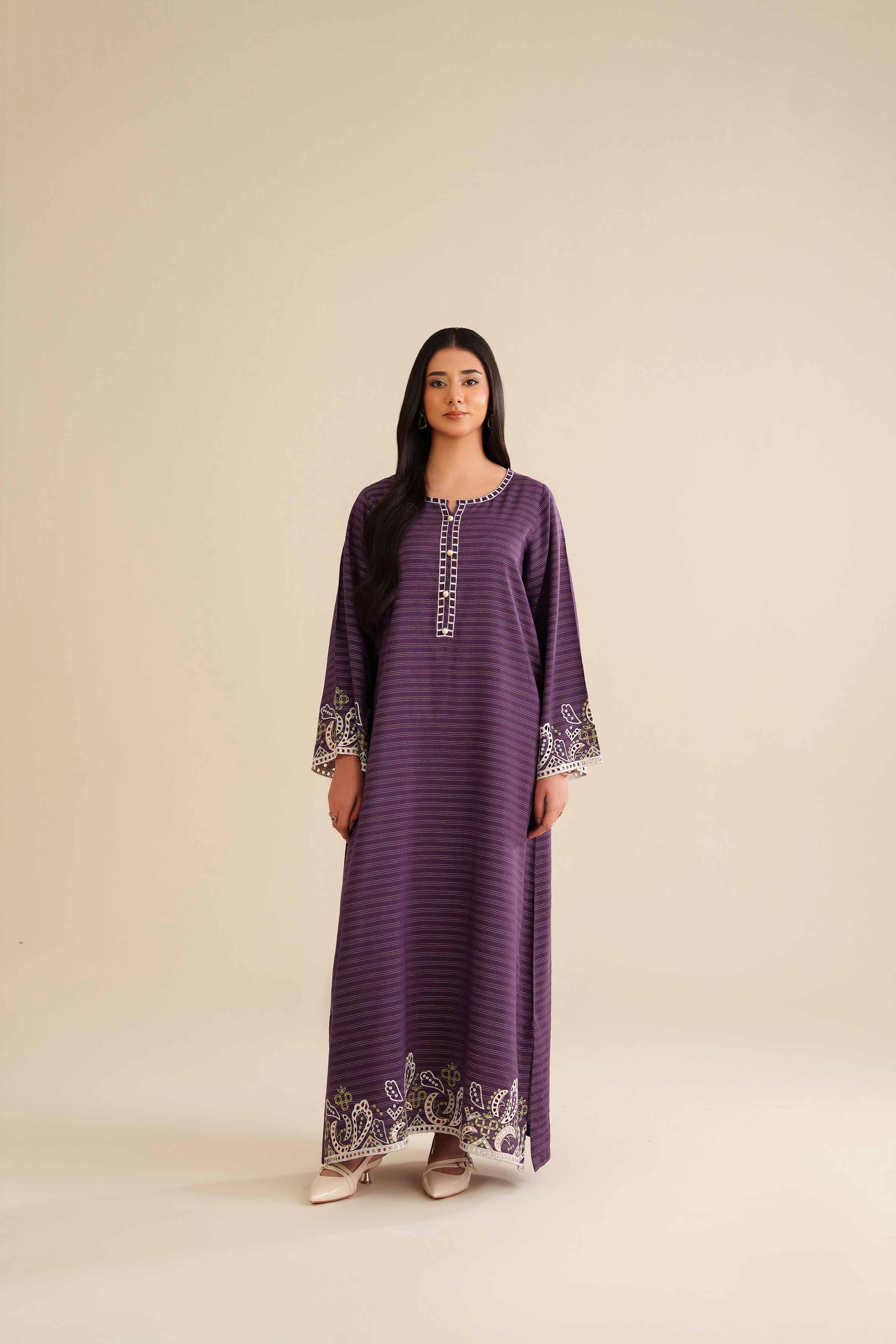 NISHATUAE - Purple Embroidered Fancy Stripe Ready to wear Shirt