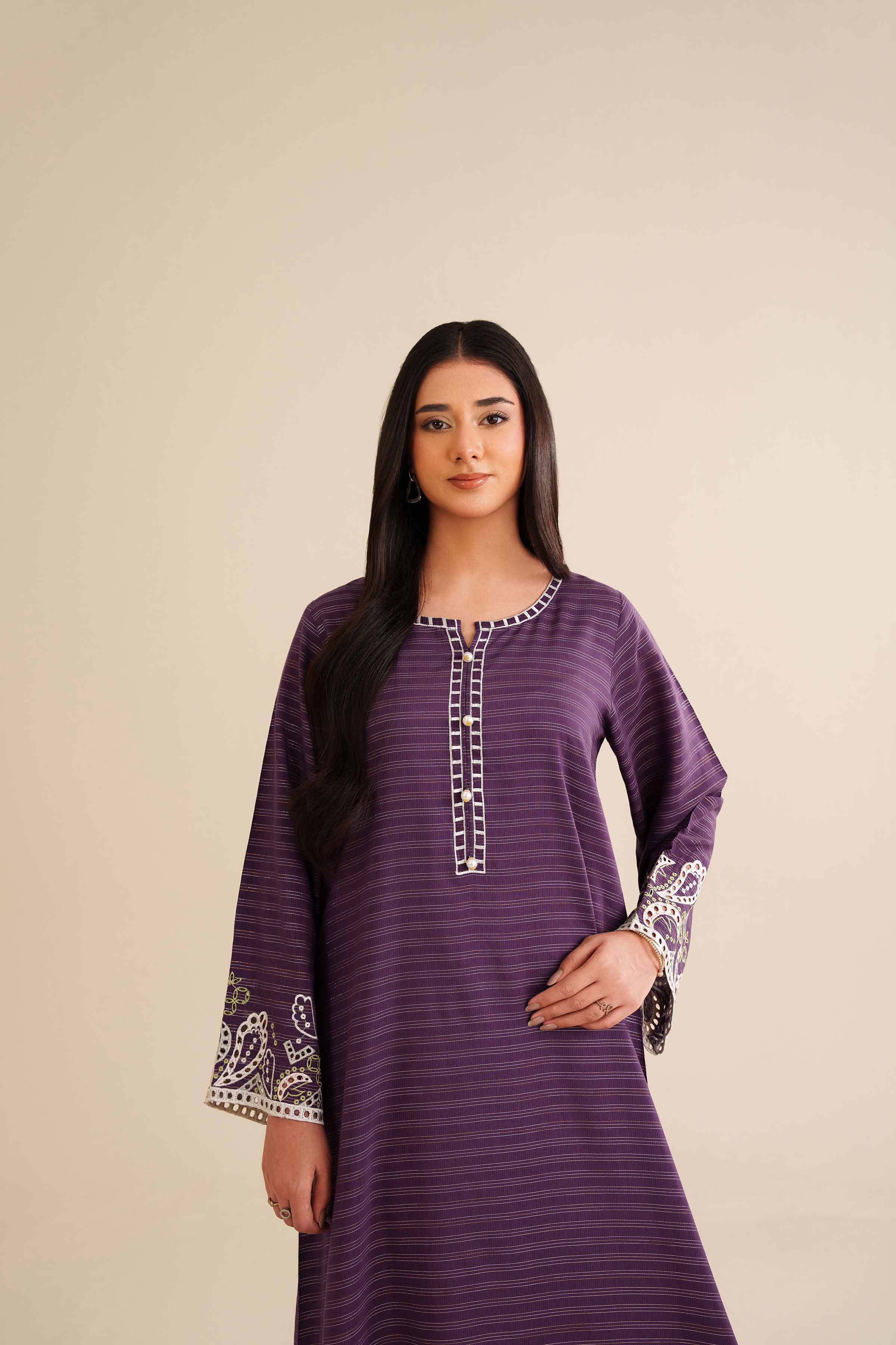 NISHATUAE - Purple Embroidered Fancy Stripe Ready to wear Shirt