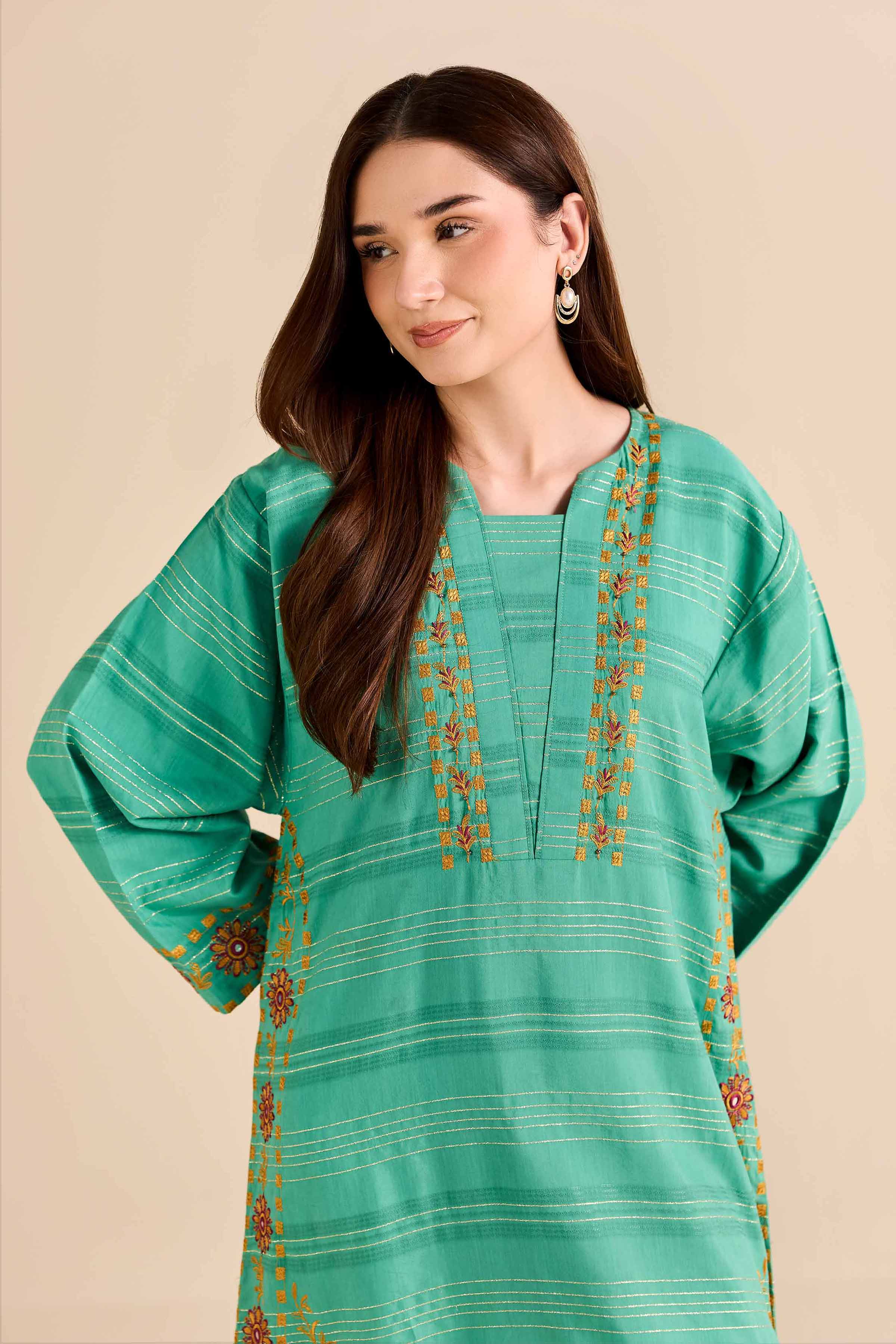 NishatUAE - Green Embroidered Fancy Gold Ready to wear Shirt