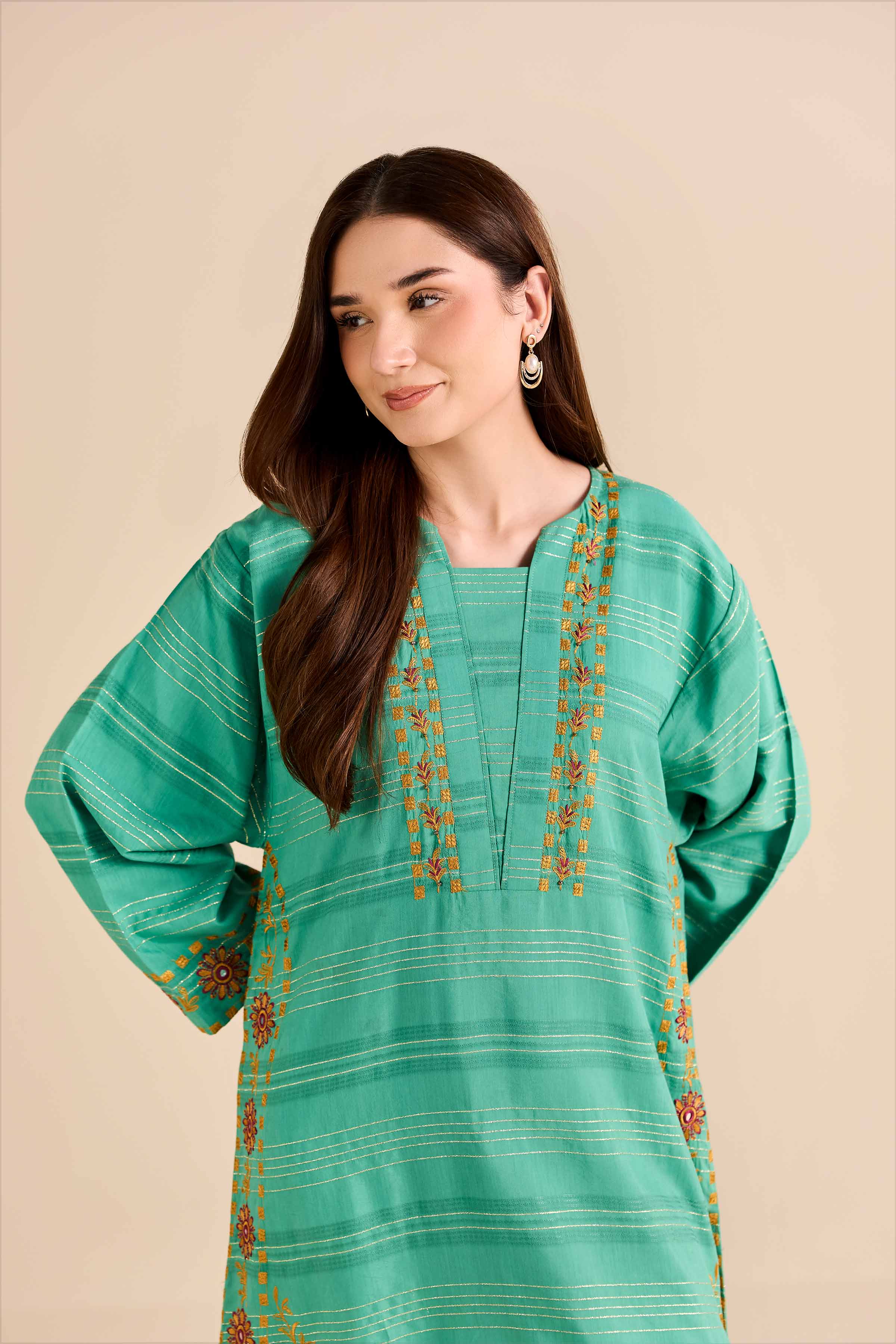 NishatUAE - Green Embroidered Fancy Gold Ready to wear Shirt