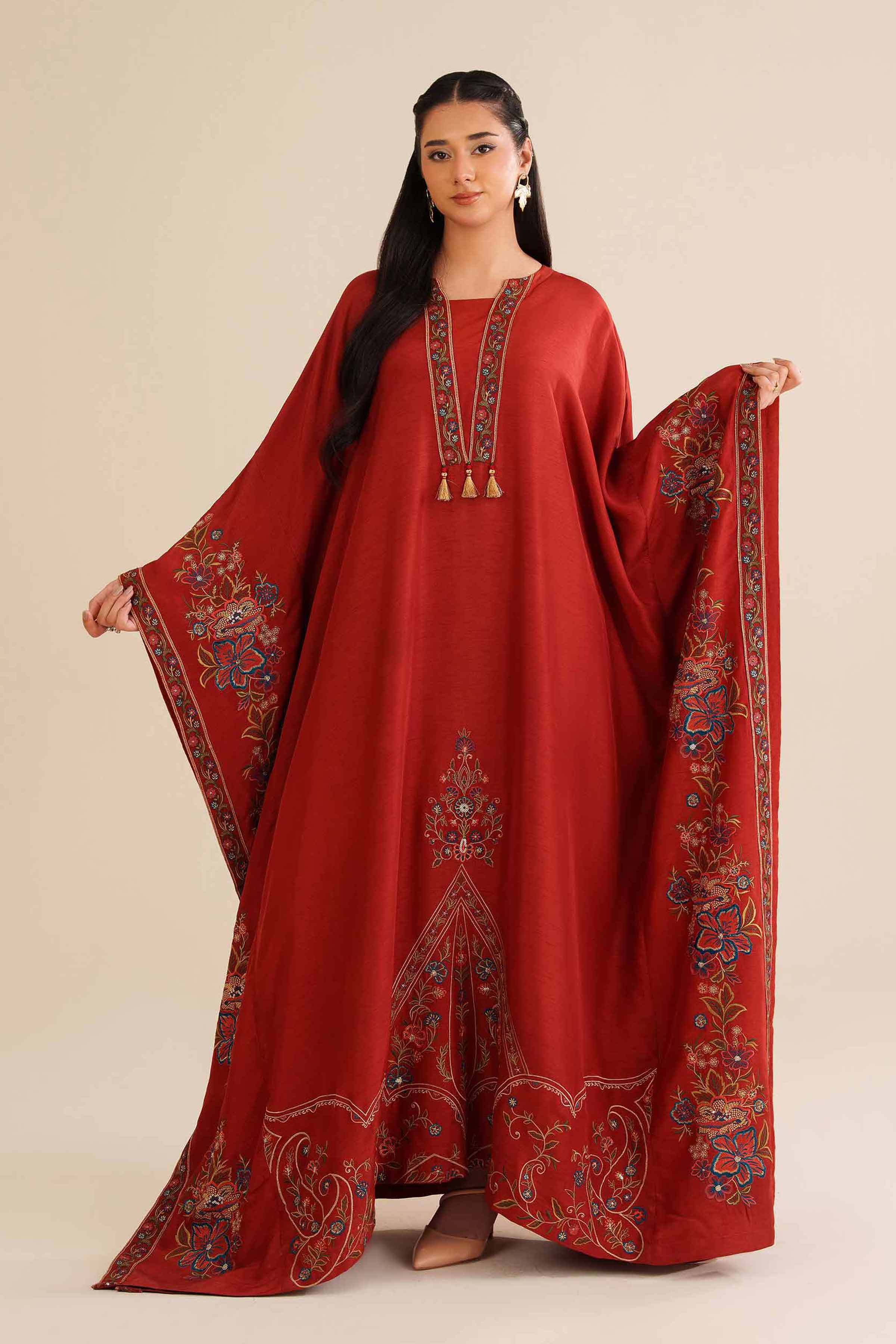 NishatUAE - Red Embroidered Silk Ready To Wear Kaftan