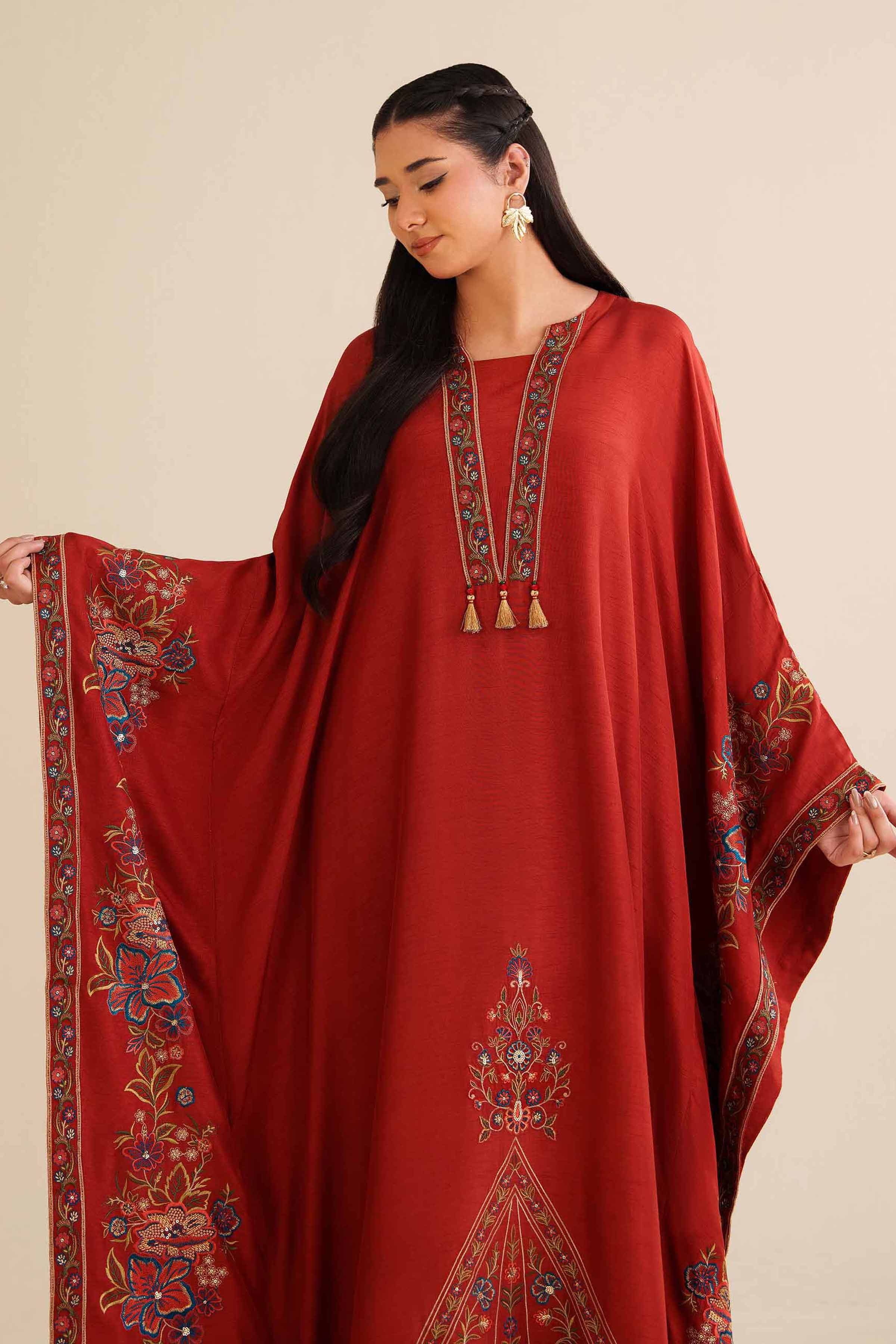 NishatUAE - Red Embroidered Silk Ready To Wear Kaftan