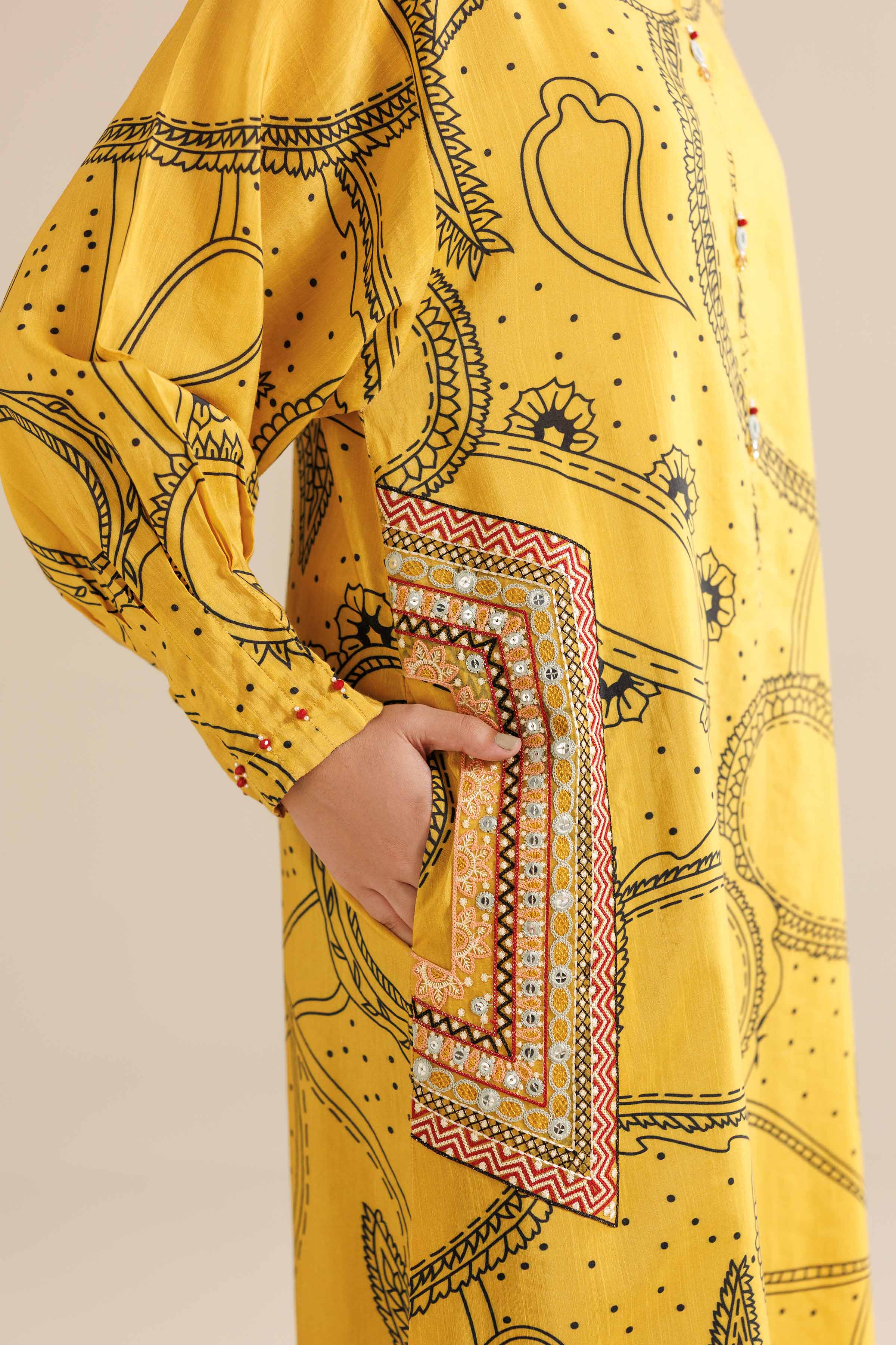 NishatUAE - Mustard Embroidered Silk Ready to wear Shirt
