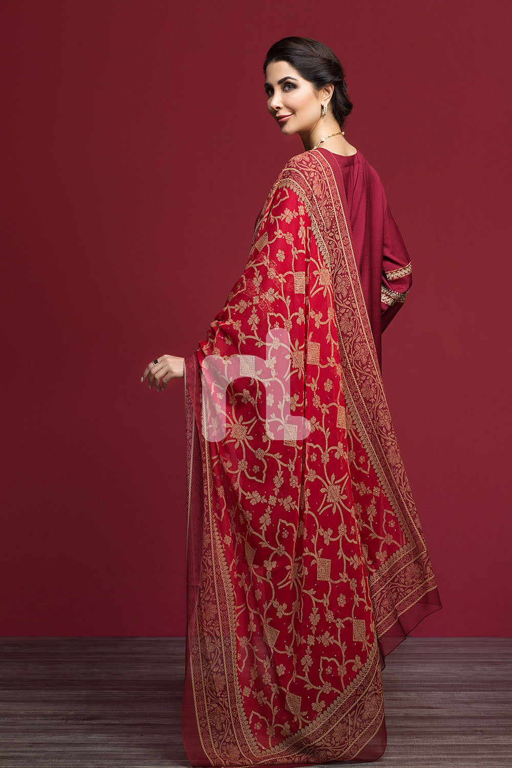 Nishat Linen UAE - KF-484 Maroon Embroidered Formal Katan Silk Shirt with Printed Chiffon Dupatta
