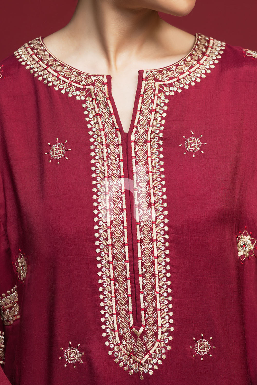 Nishat Linen UAE - KF-484 Maroon Embroidered Formal Katan Silk Shirt with Printed Chiffon Dupatta