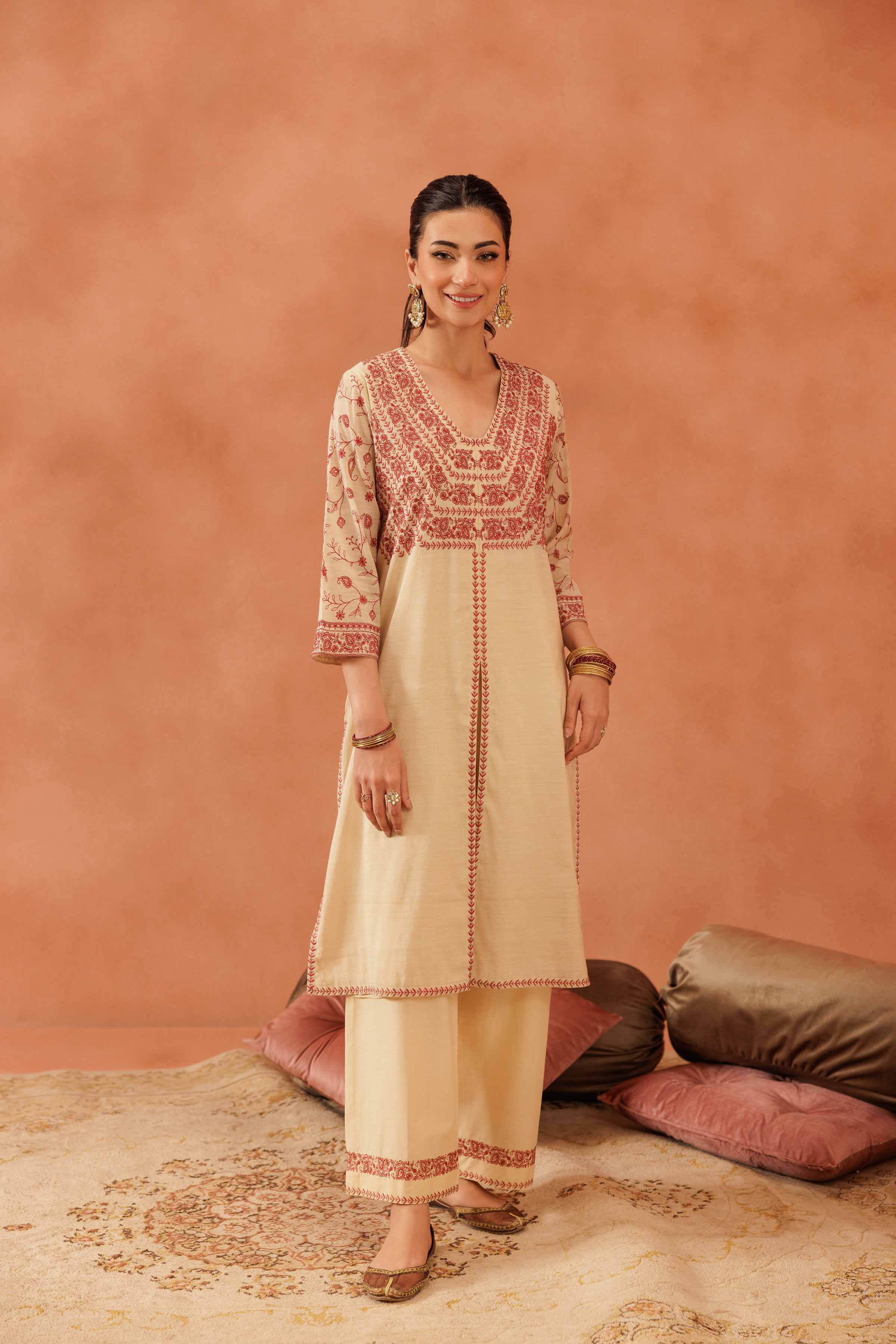 NishatUAE - Gold Embroidered 2-piece Ready To Wear Dress