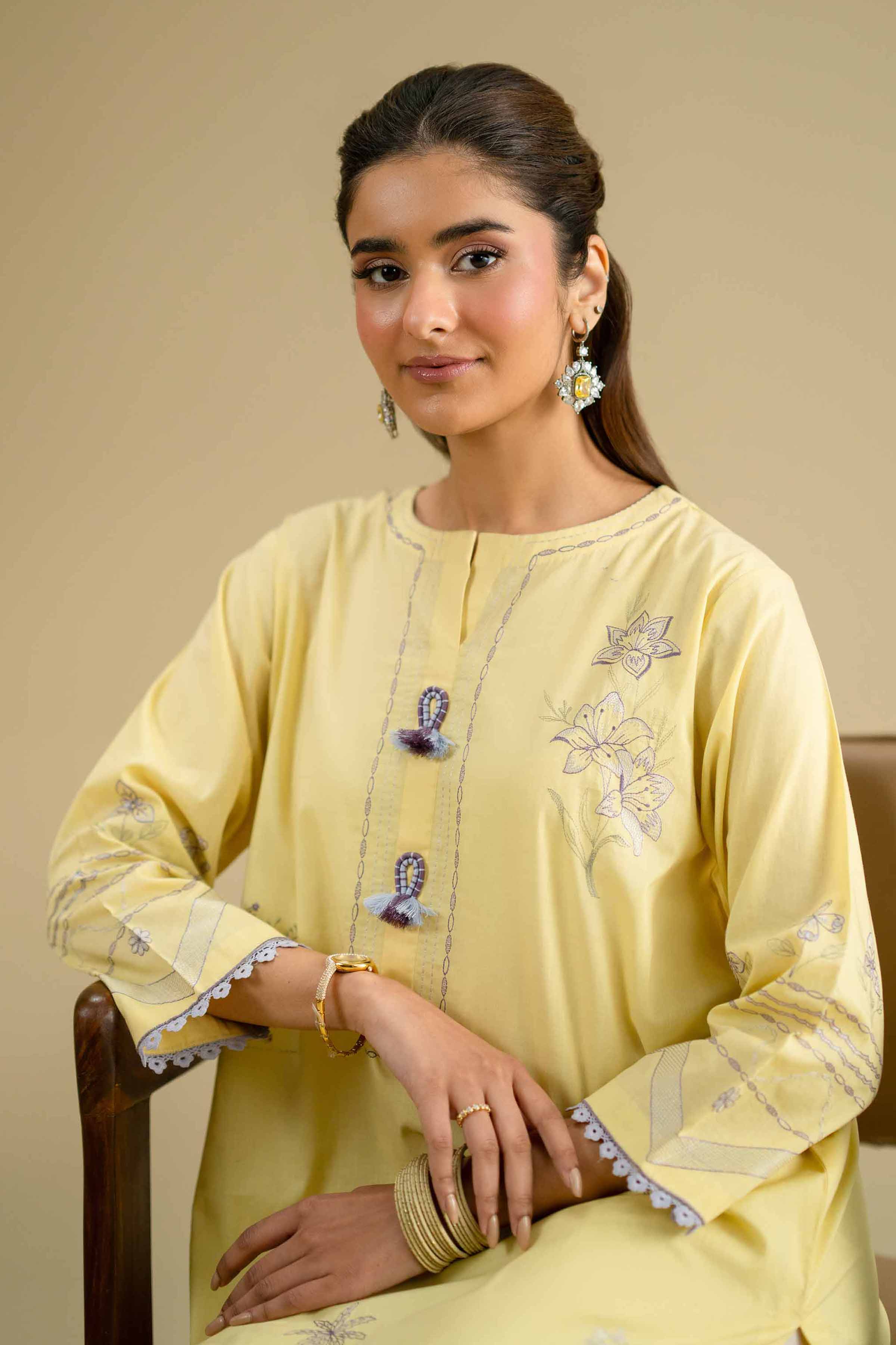 Embroidered Shirt - KFE26-01 Yellow Cambric 1PC Embroidered LUXURY