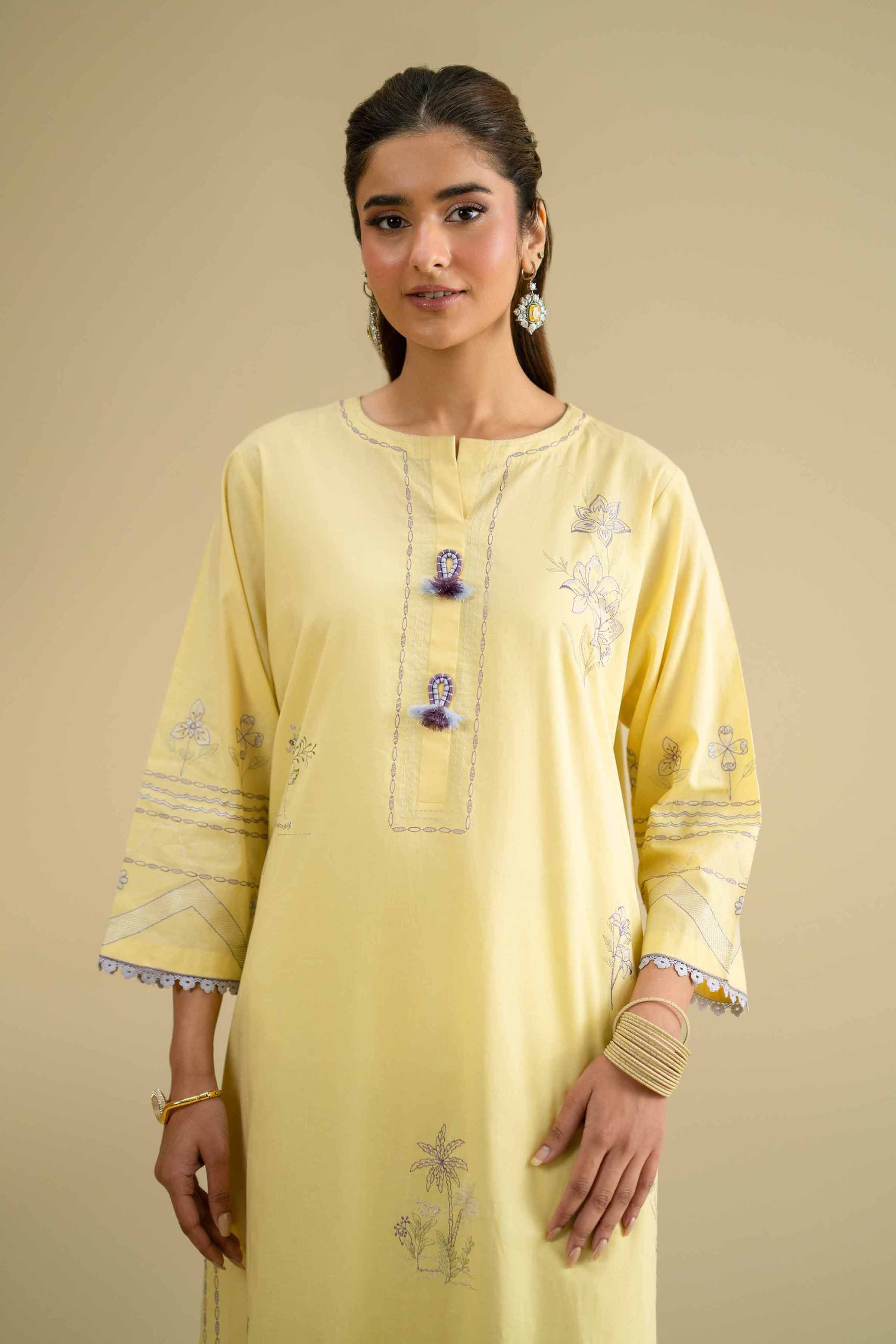 Embroidered Shirt - KFE26-01 Yellow Cambric 1PC Embroidered LUXURY