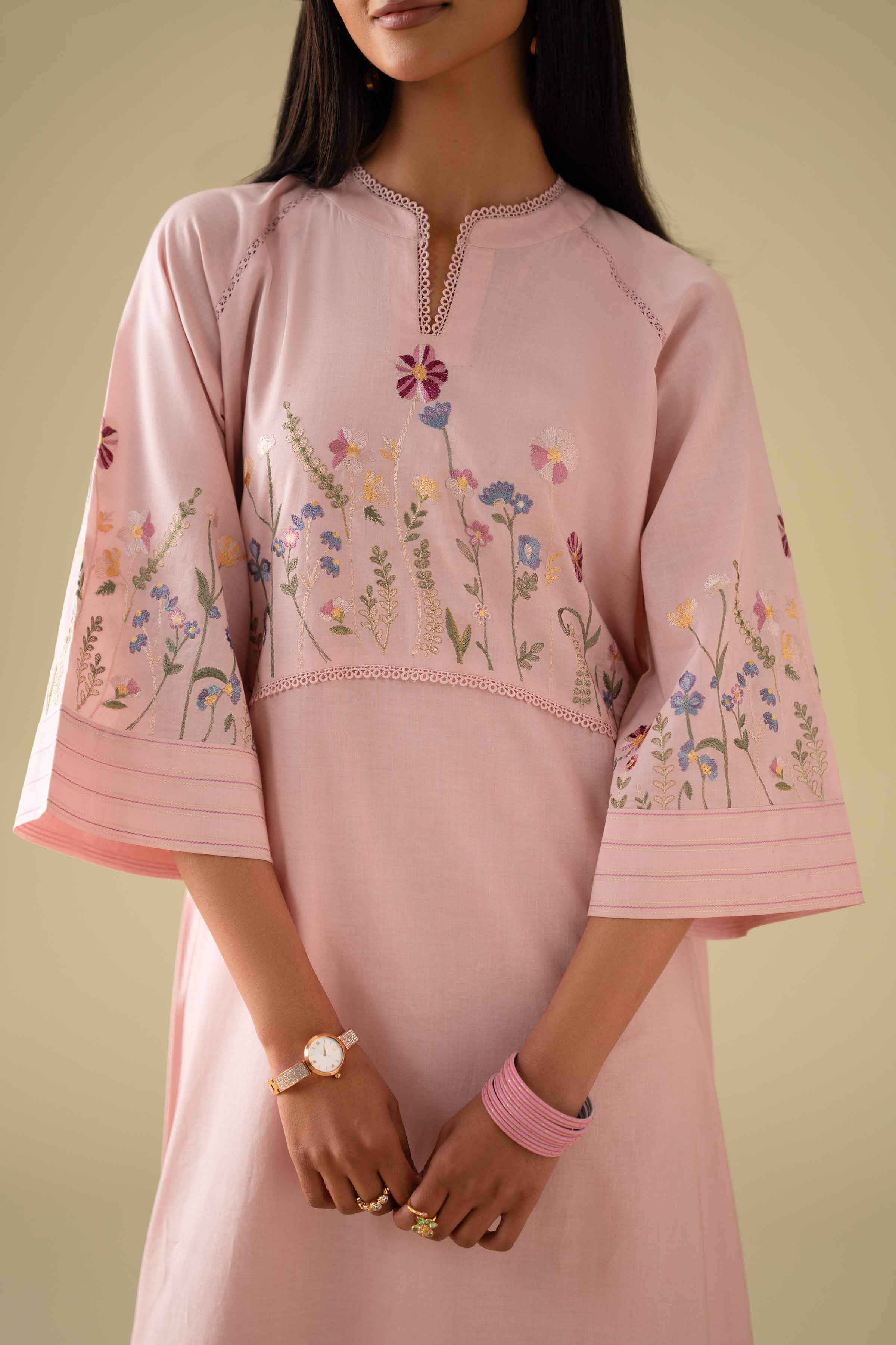 2 Piece - Embroidered Suit - KFE26-02 Pink Cambric 2PC Embroidered LUXURY