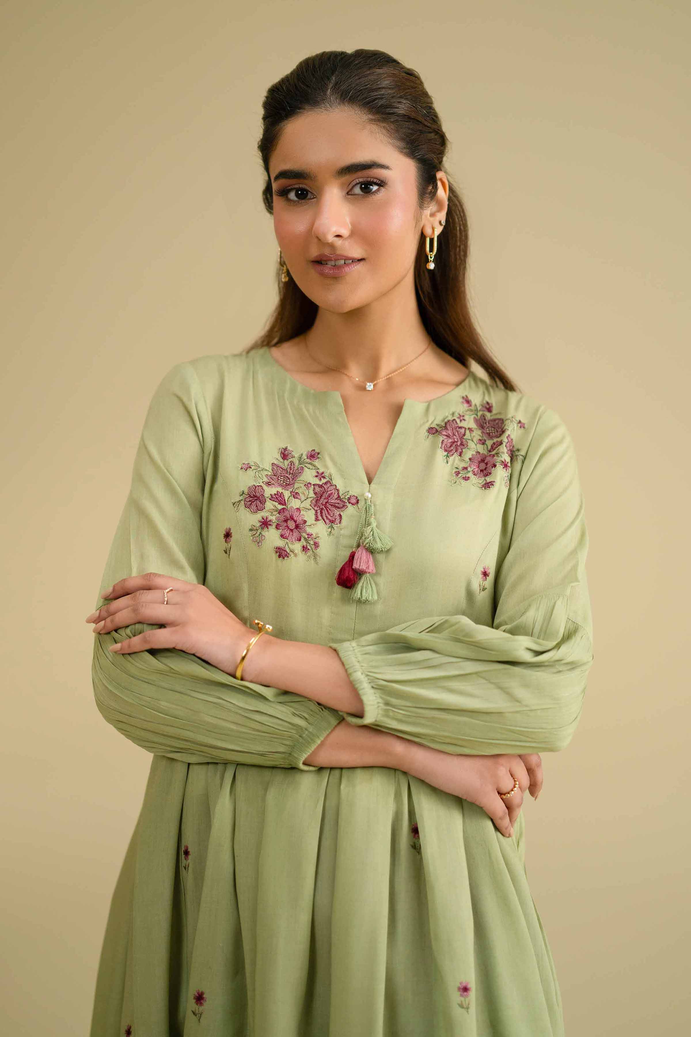 Embroidered Dress - KFE26-06 Green Yarn Dyed 1PC Embroidered LUXURY