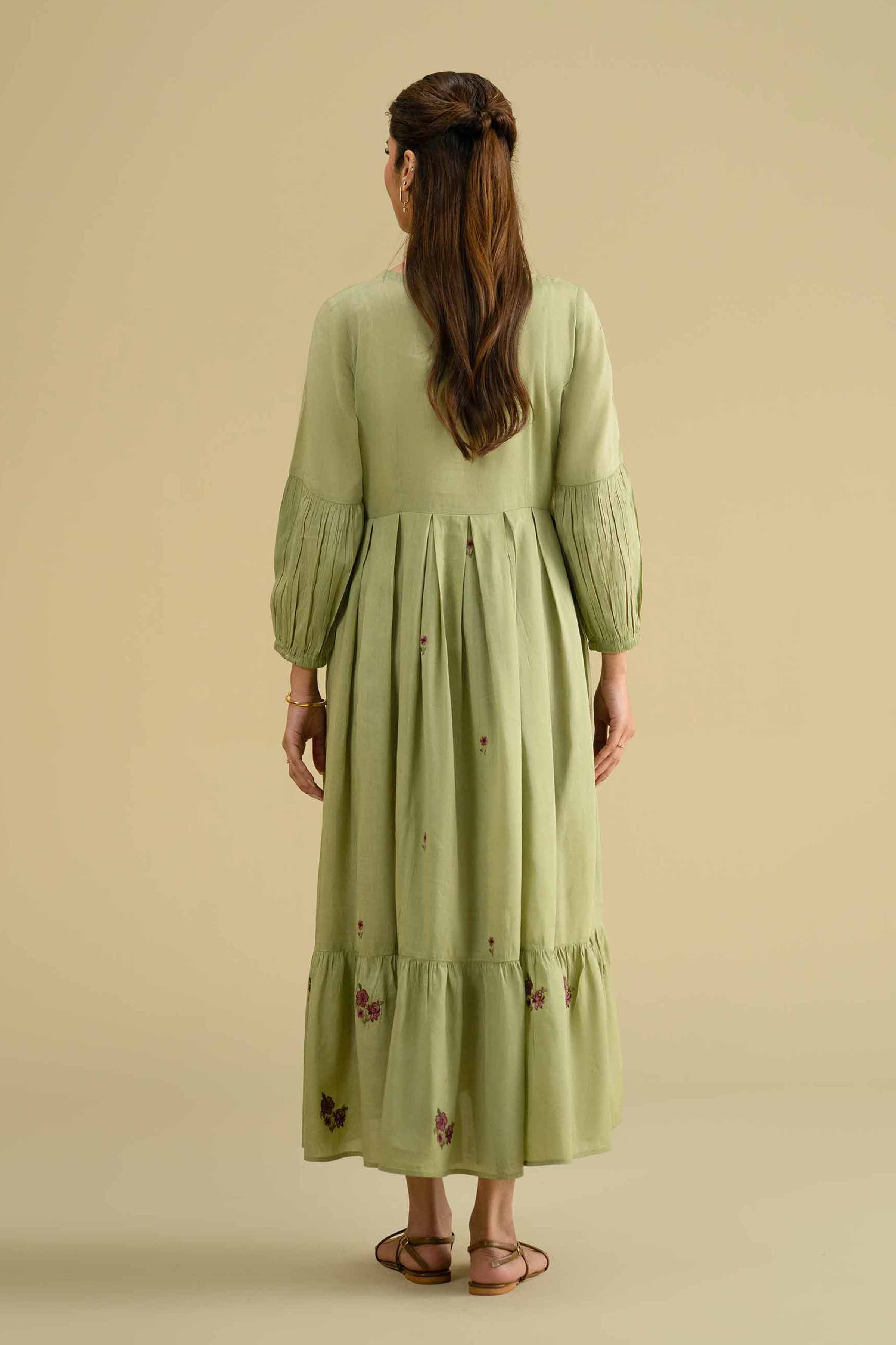 Embroidered Dress - KFE26-06 Green Yarn Dyed 1PC Embroidered LUXURY