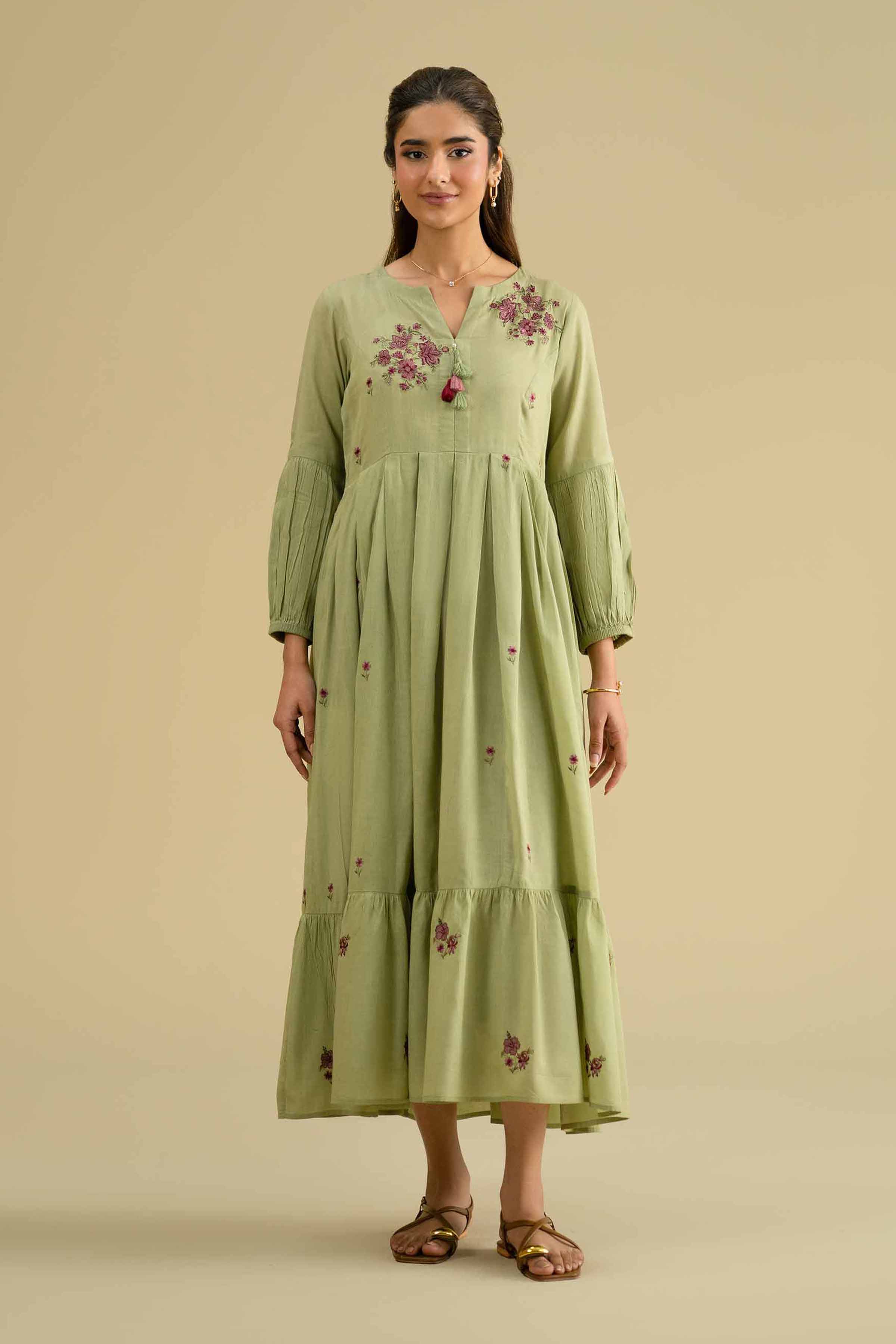 Embroidered Dress - KFE26-06 Green Yarn Dyed 1PC Embroidered LUXURY