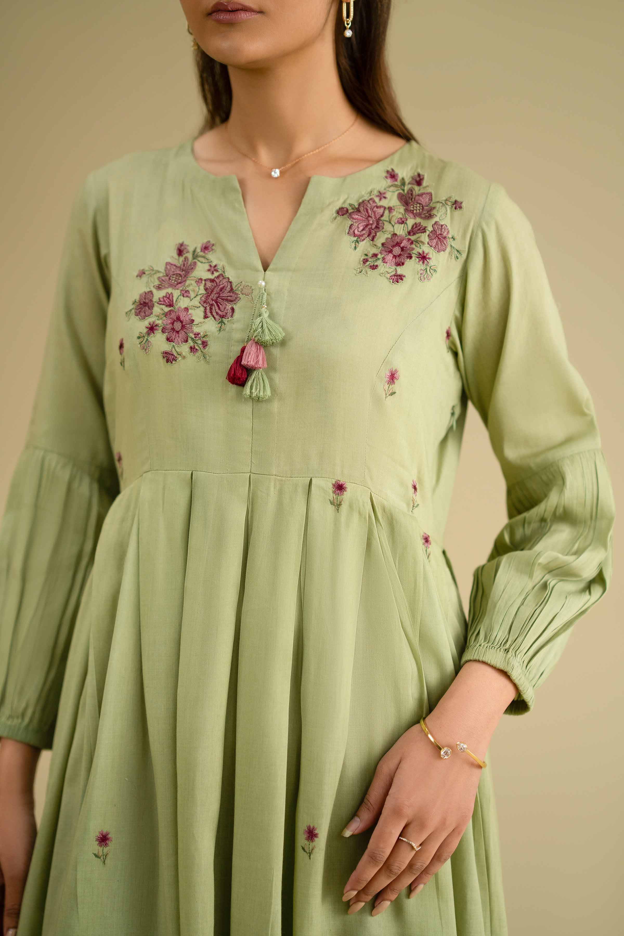 Embroidered Dress - KFE26-06 Green Yarn Dyed 1PC Embroidered LUXURY