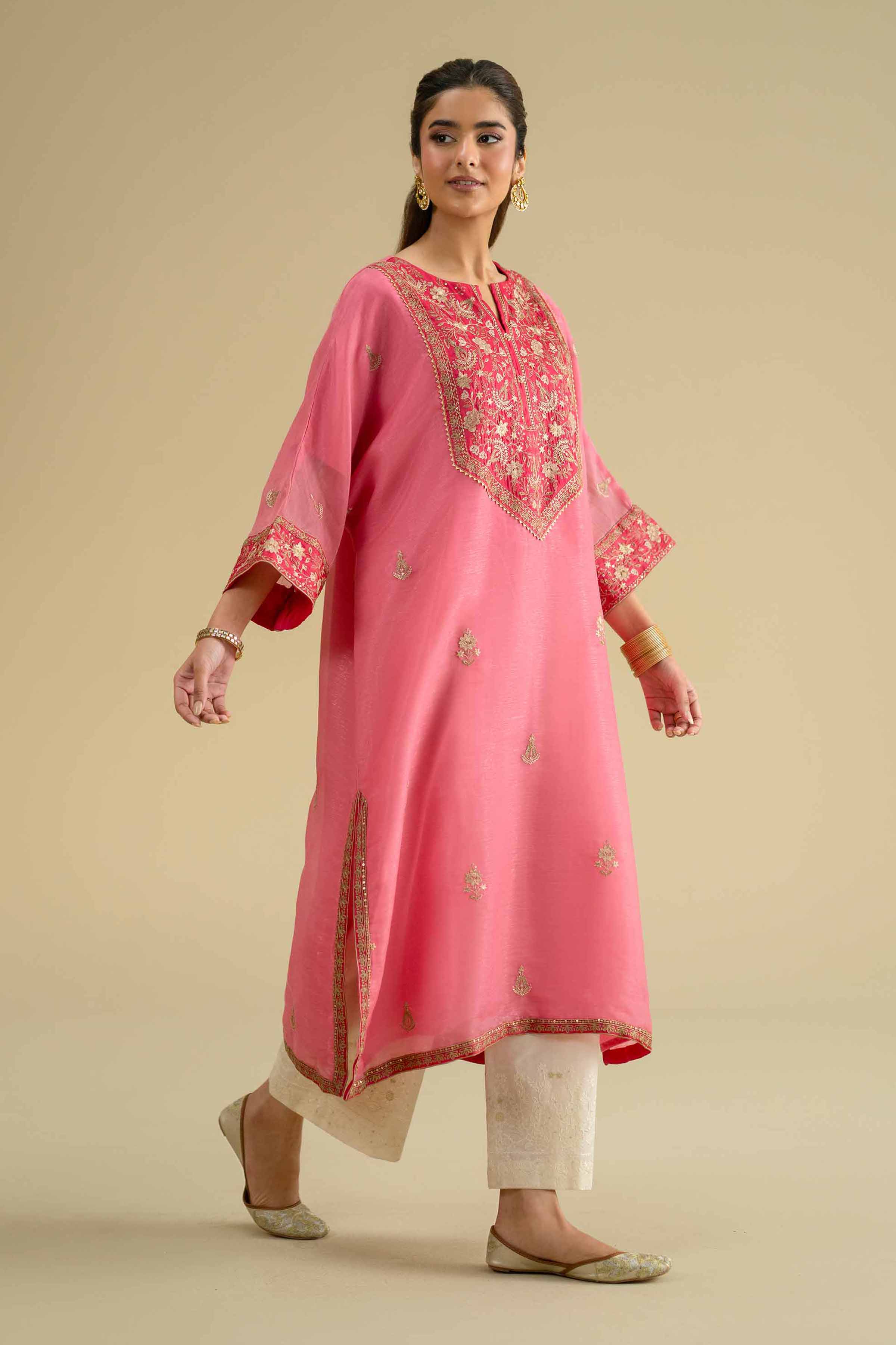 Embroidered Shirt - KFE26-07 Pink Silk 1PC Embroidered LUXURY