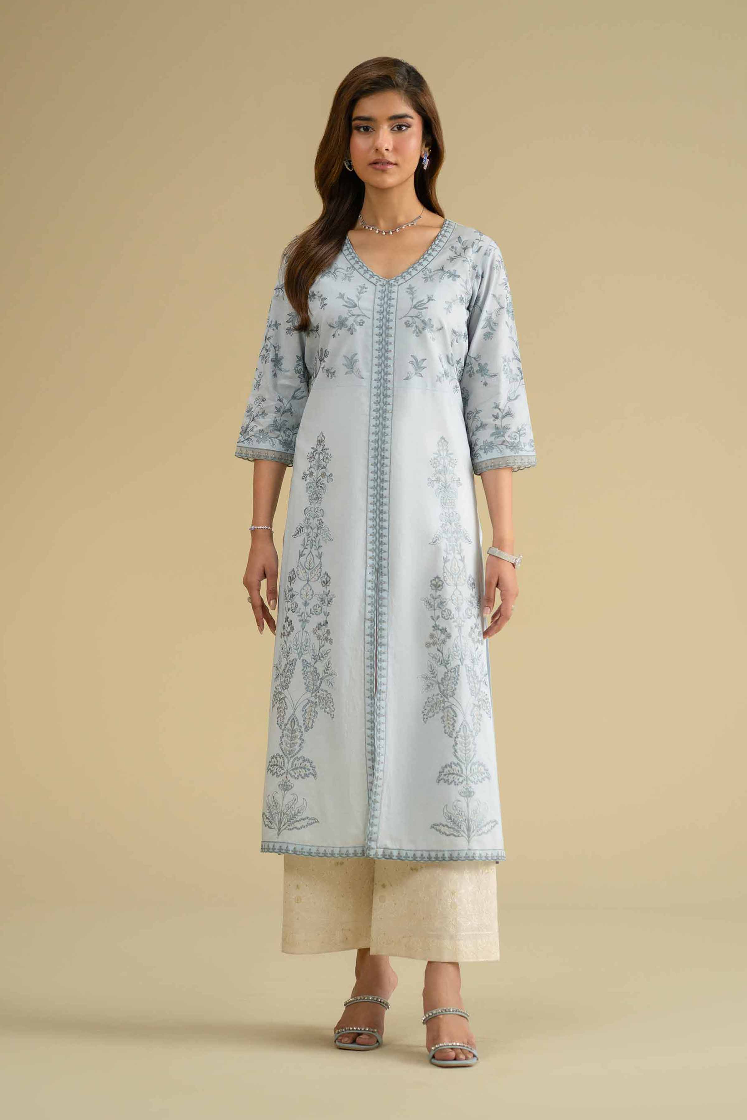 Embroidered Shirt - KFE26-08 Blue Cambric 1PC Embroidered LUXURY