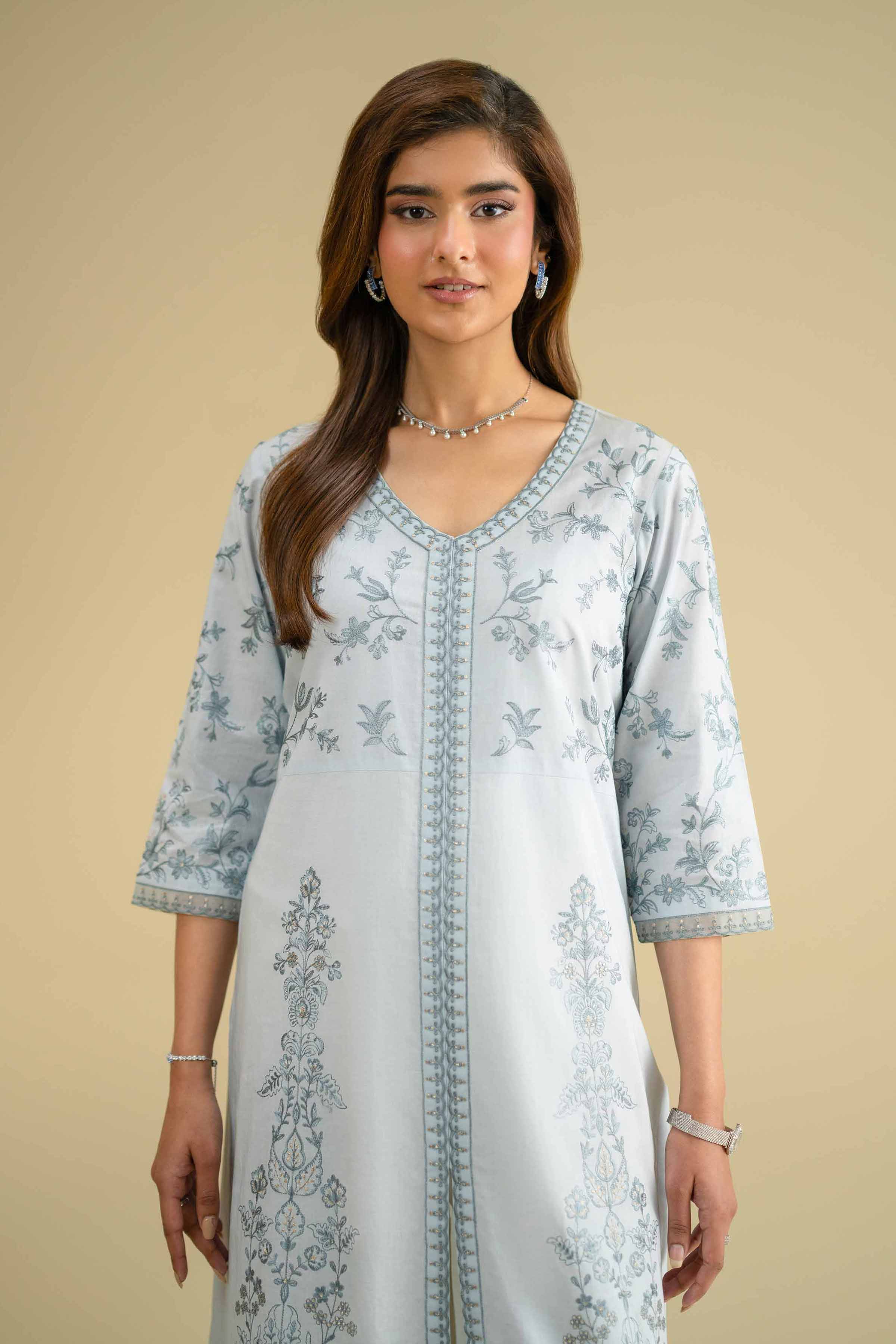 Embroidered Shirt - KFE26-08 Blue Cambric 1PC Embroidered LUXURY