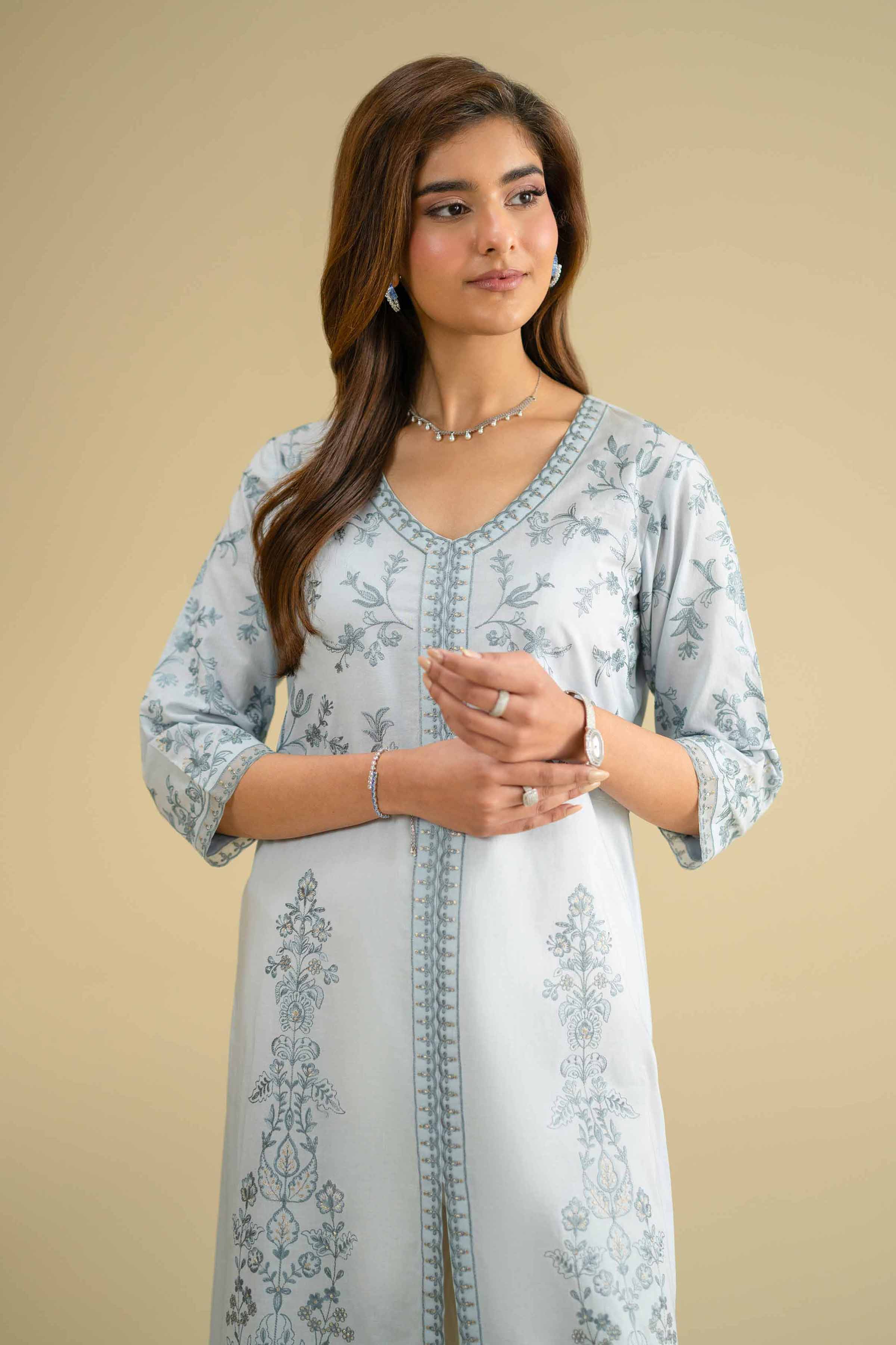 Embroidered Shirt - KFE26-08 Blue Cambric 1PC Embroidered LUXURY