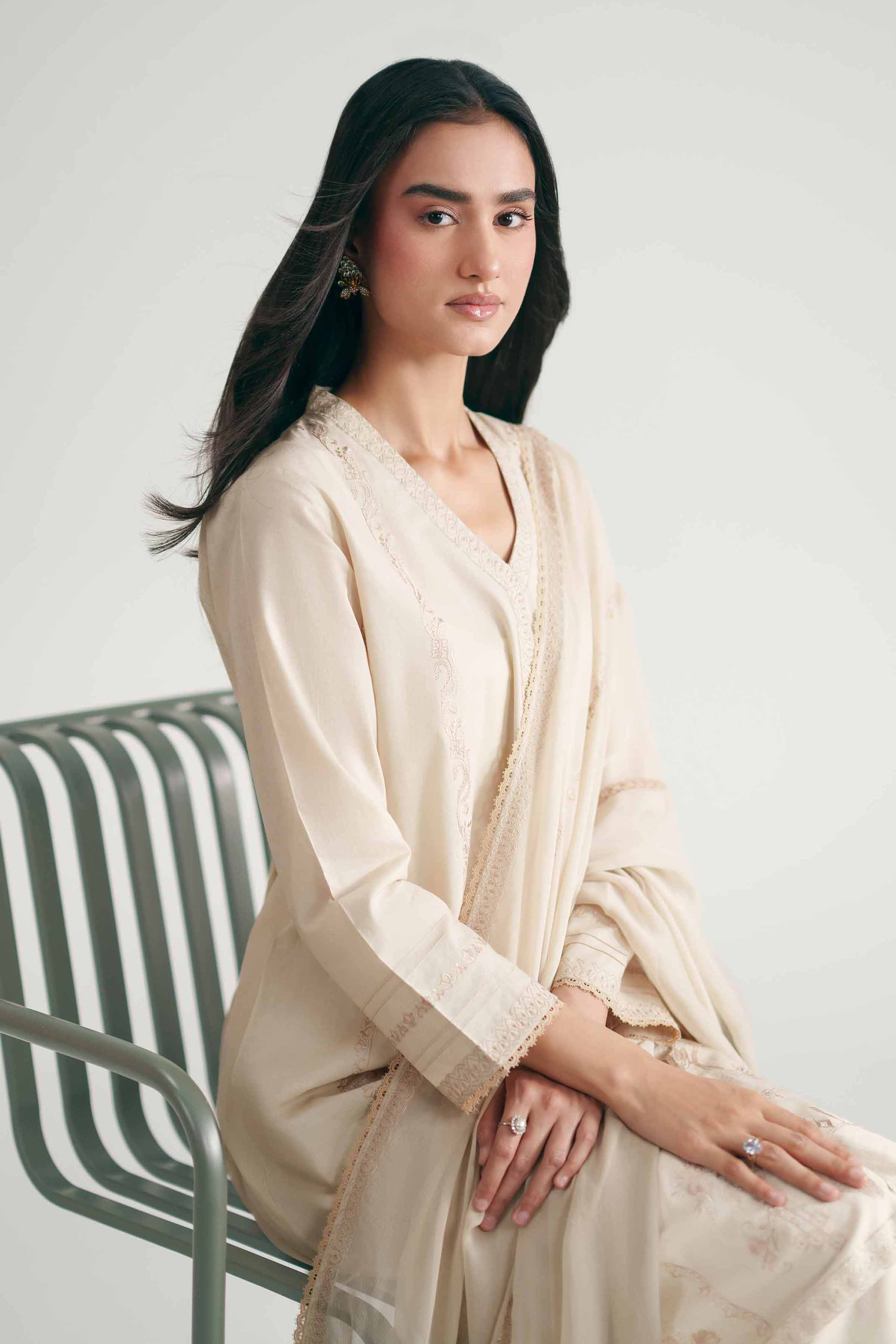 3 Piece - Embroidered Suit - KFE26-104 Beige Cambric 3PC Embroidered READY TO WEAR