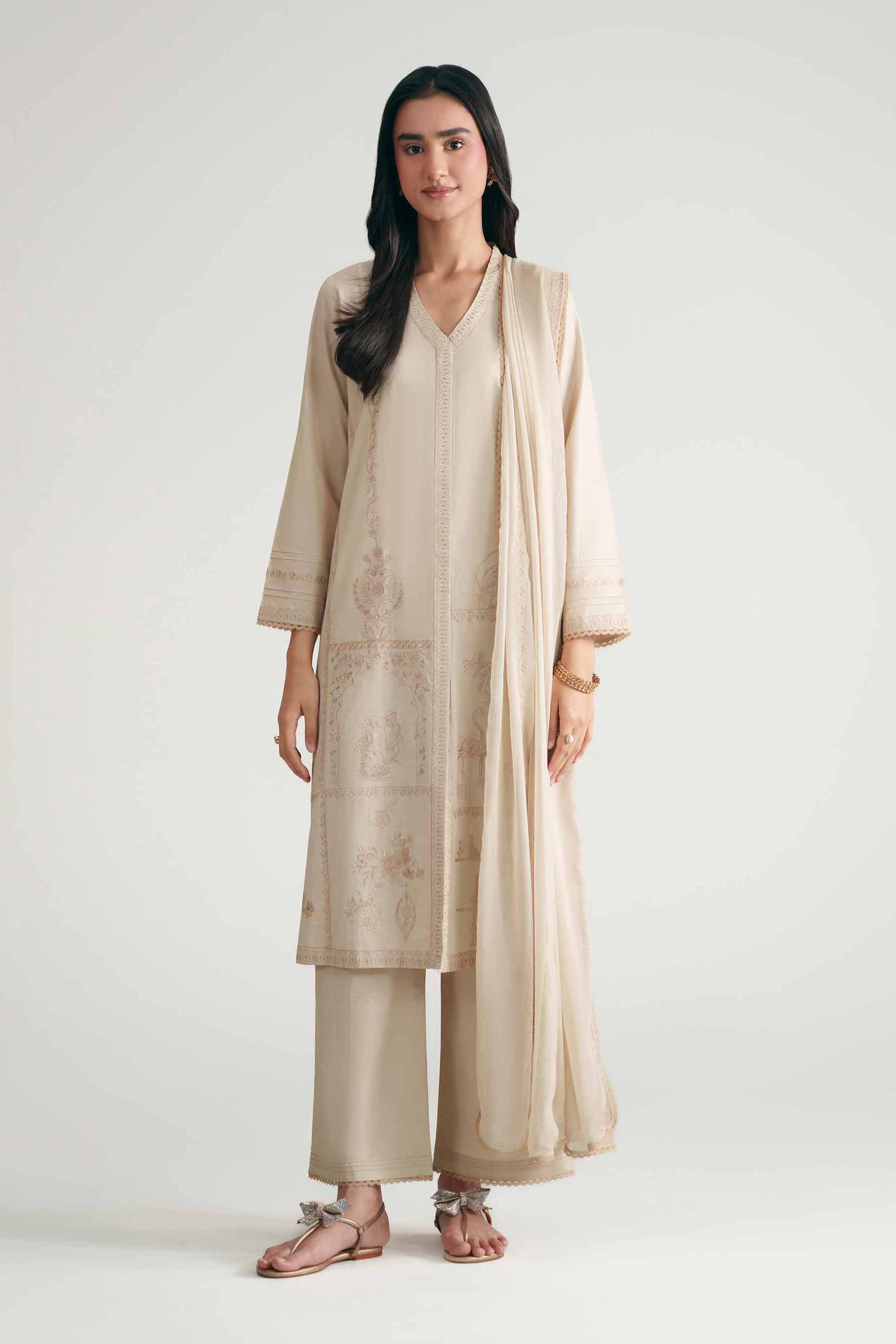 3 Piece - Embroidered Suit - KFE26-104 Beige Cambric 3PC Embroidered READY TO WEAR