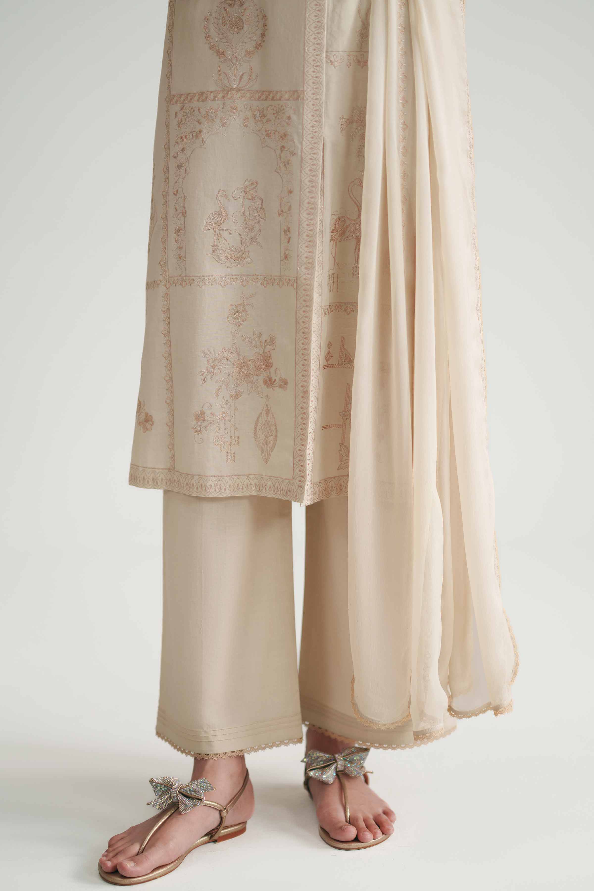 3 Piece - Embroidered Suit - KFE26-104 Beige Cambric 3PC Embroidered READY TO WEAR