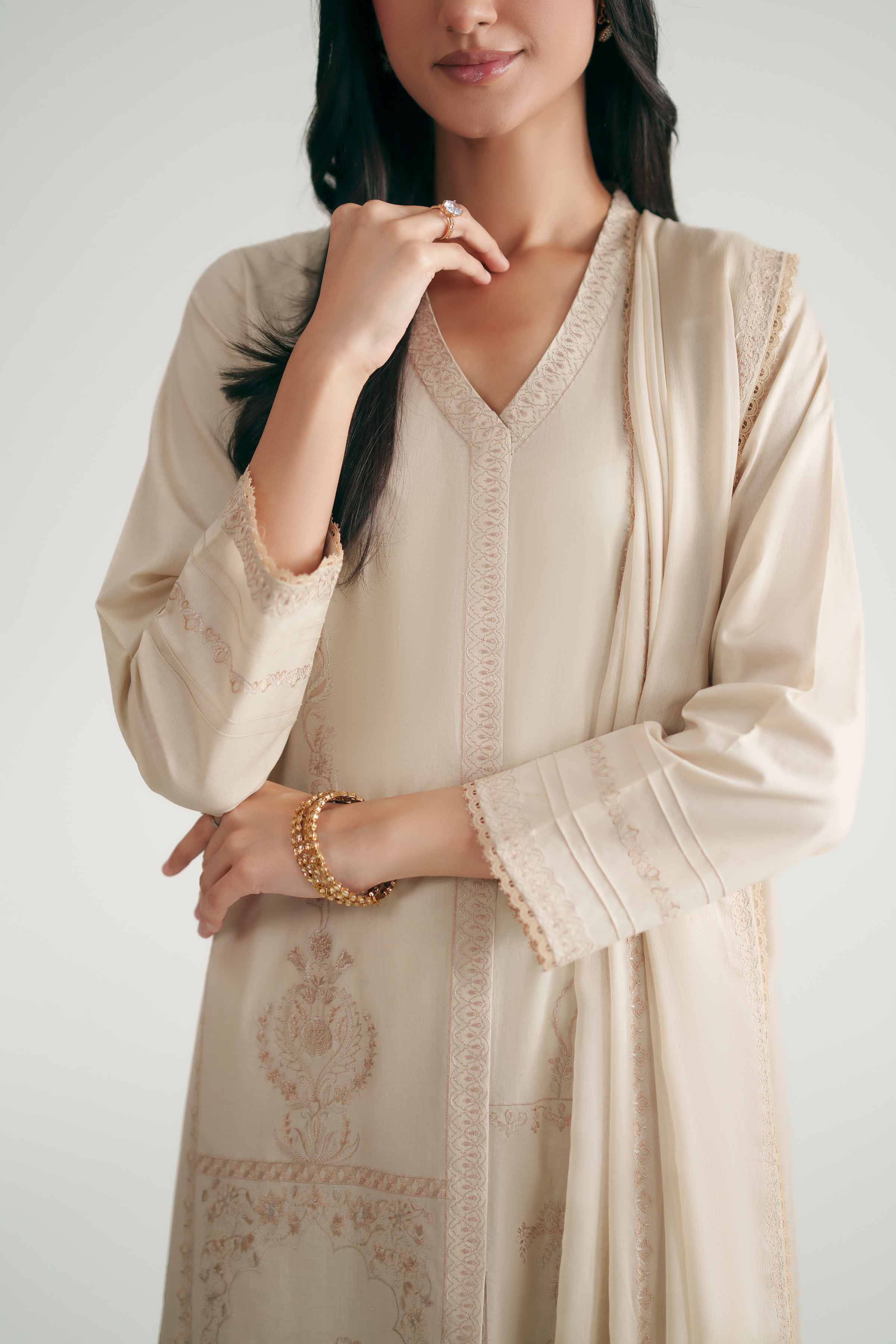 3 Piece - Embroidered Suit - KFE26-104 Beige Cambric 3PC Embroidered READY TO WEAR