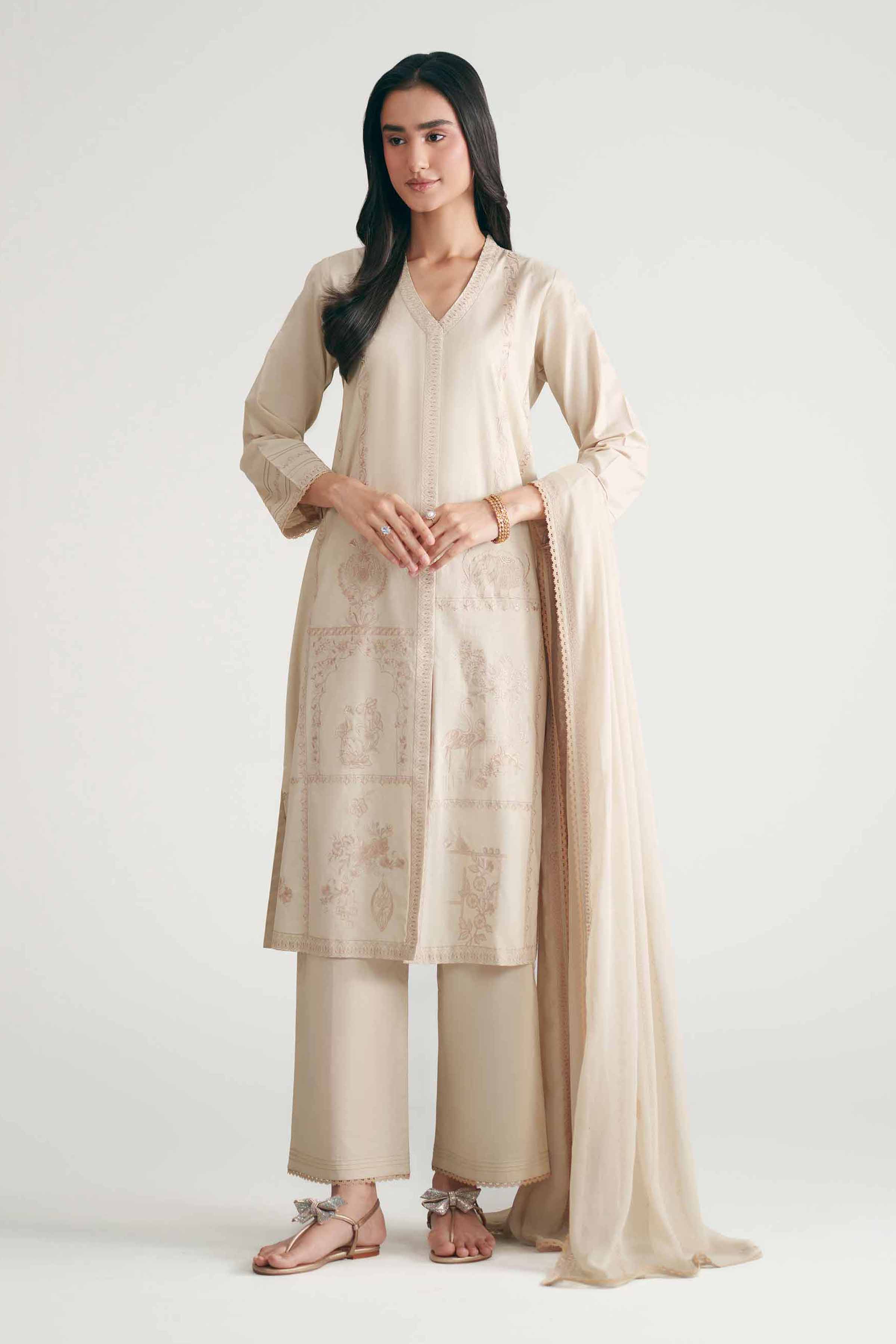 3 Piece - Embroidered Suit - KFE26-104 Beige Cambric 3PC Embroidered READY TO WEAR