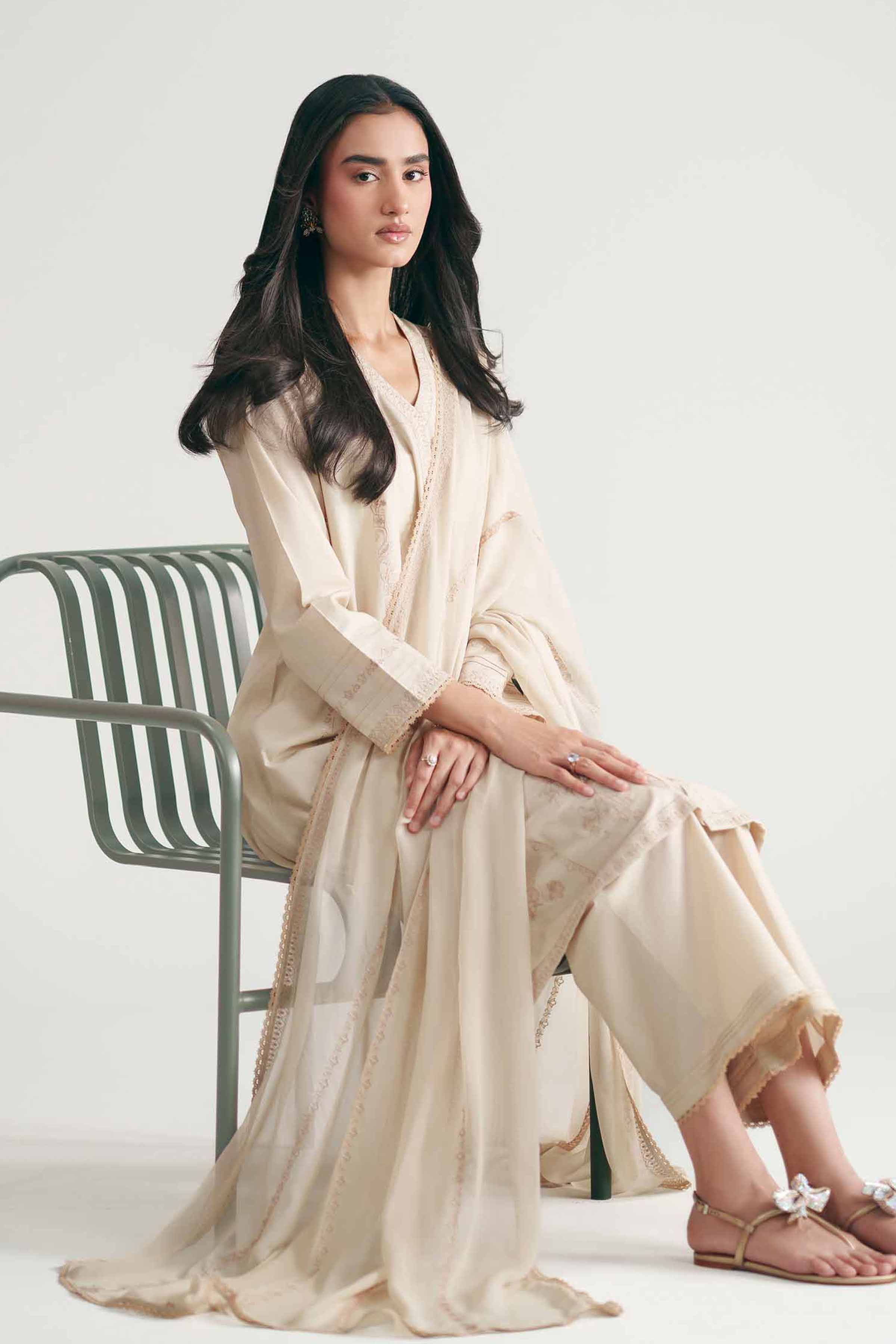 3 Piece - Embroidered Suit - KFE26-104 Beige Cambric 3PC Embroidered READY TO WEAR