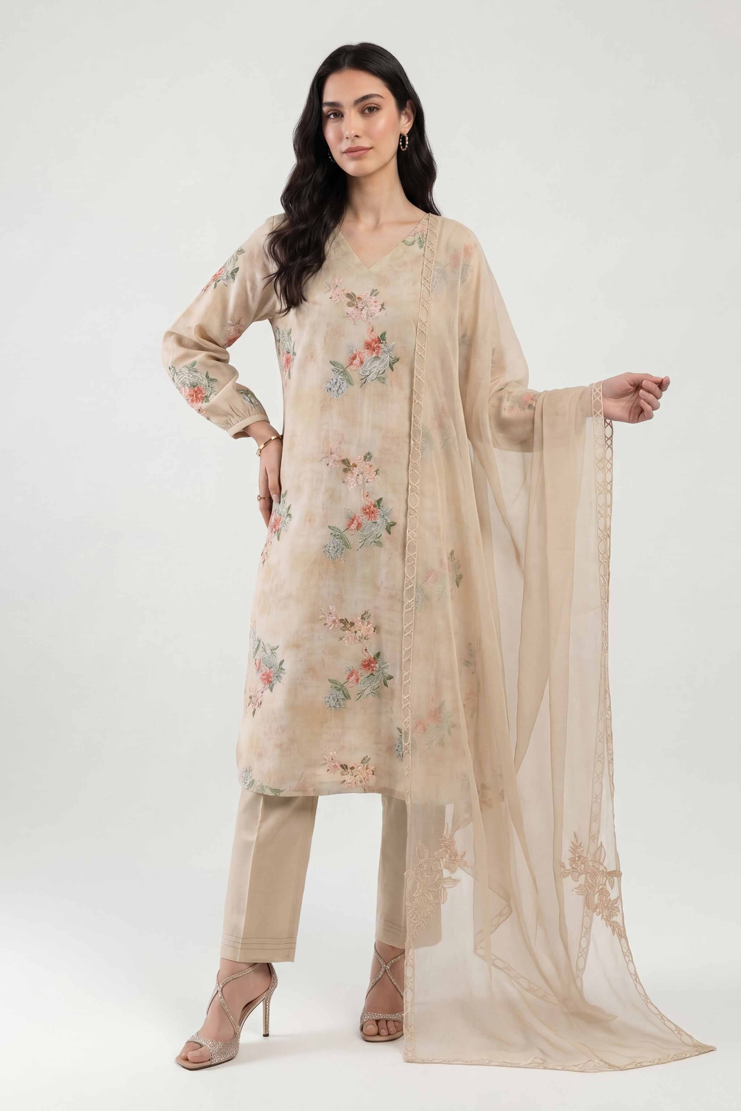 3 Piece - Printed Embroidered Suit - KFE26-106 Beige Cotton Embroidered Straight shirt