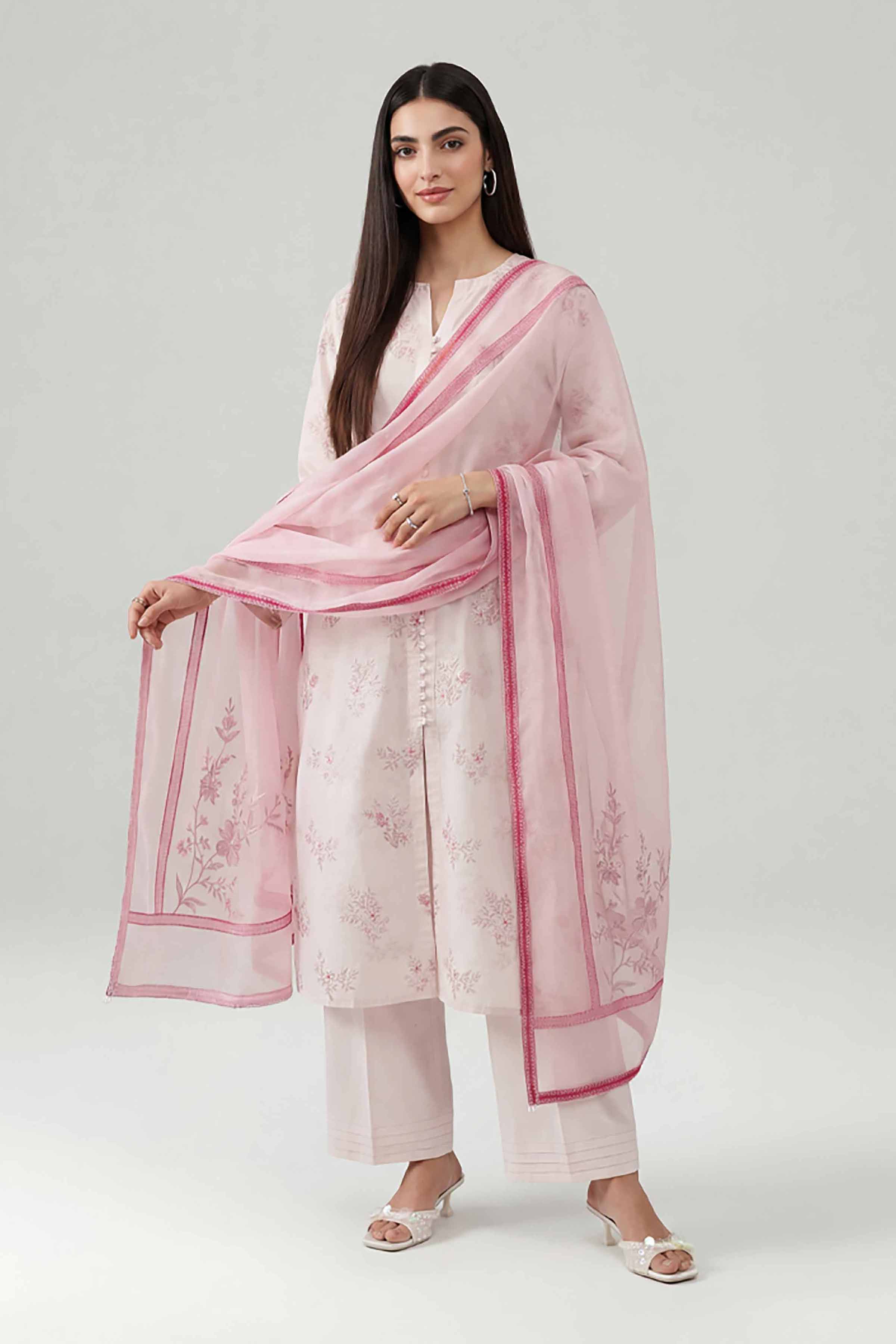 3 Piece - Printed Embroidered Suit - KFE26-107 Pink Cotton 3PC Embroidered READY TO WEAR
