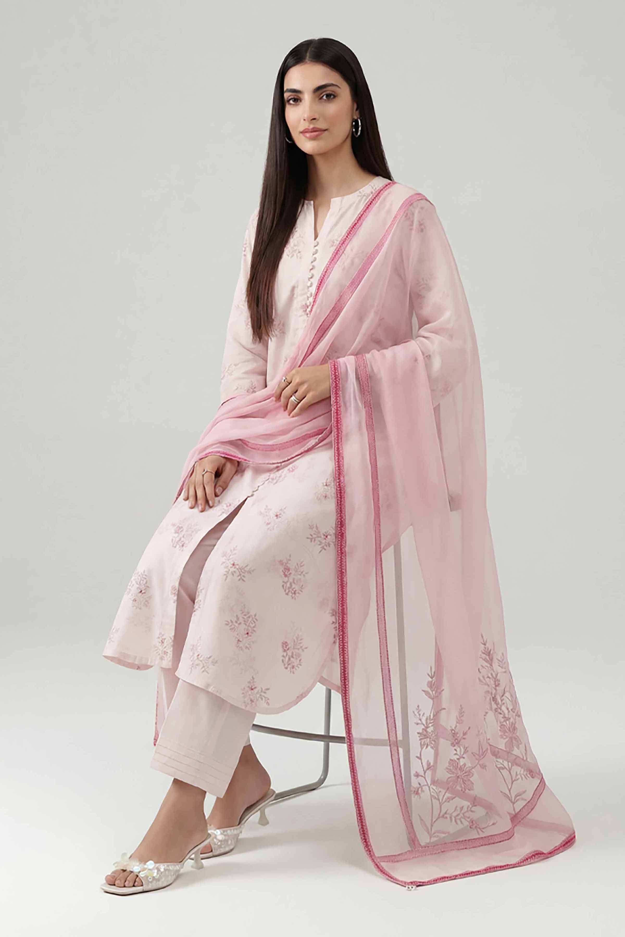 3 Piece - Printed Embroidered Suit - KFE26-107 Pink Cotton 3PC Embroidered READY TO WEAR