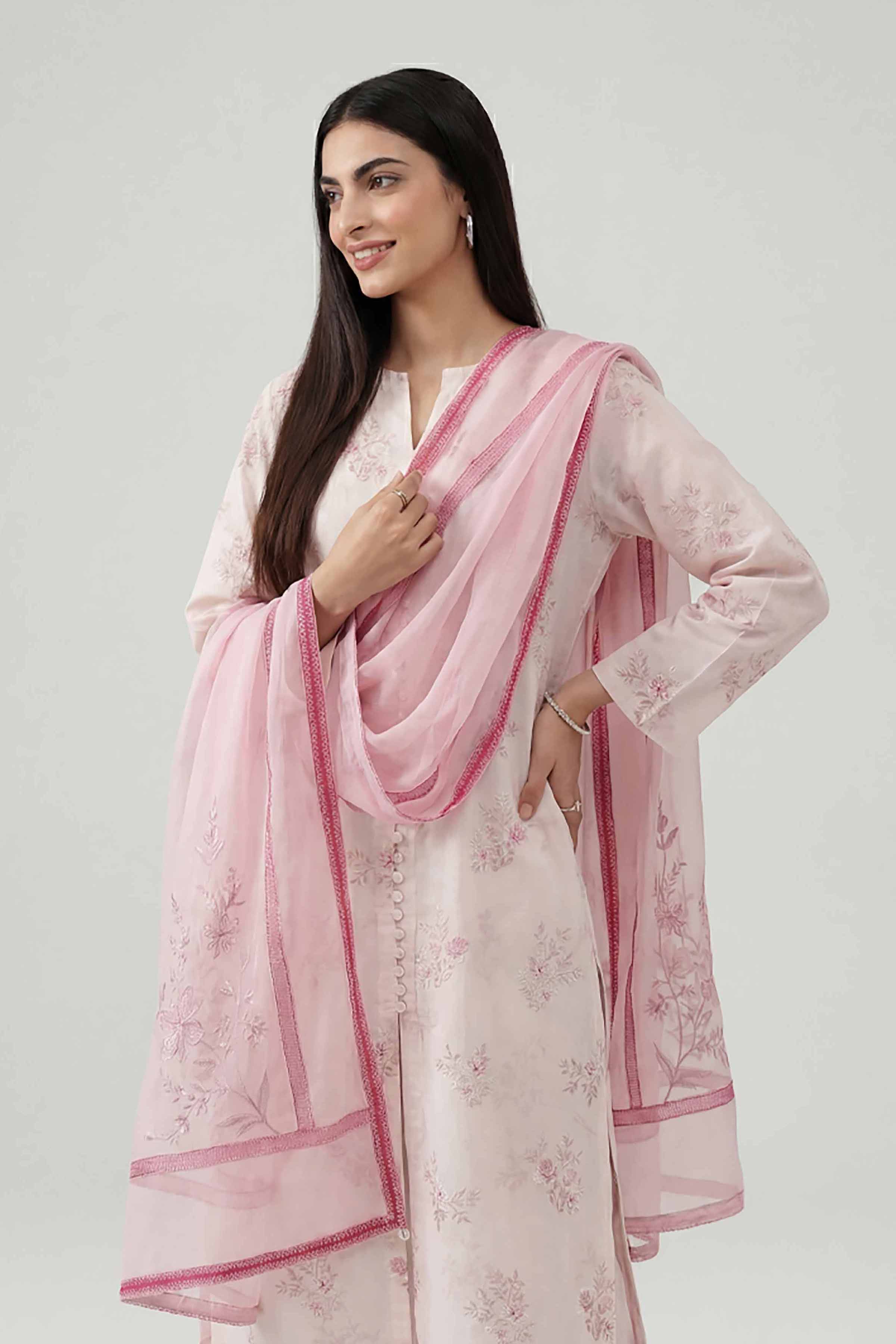 3 Piece - Printed Embroidered Suit - KFE26-107 Pink Cotton 3PC Embroidered READY TO WEAR