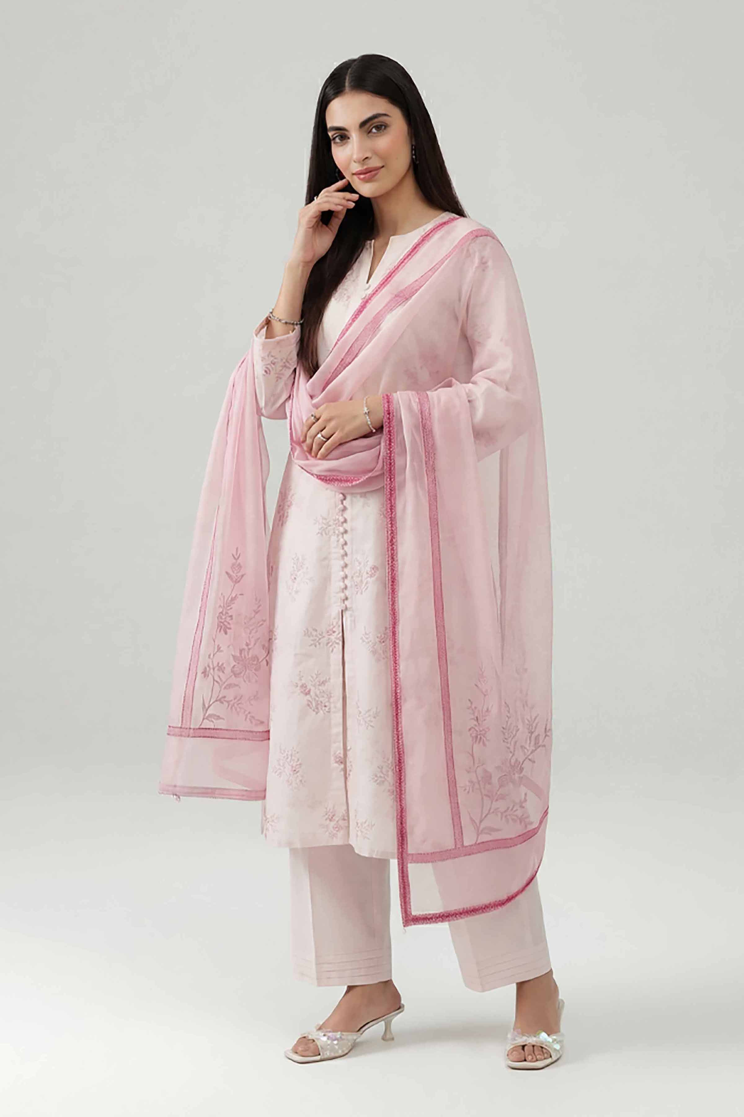 3 Piece - Printed Embroidered Suit - KFE26-107 Pink Cotton 3PC Embroidered READY TO WEAR