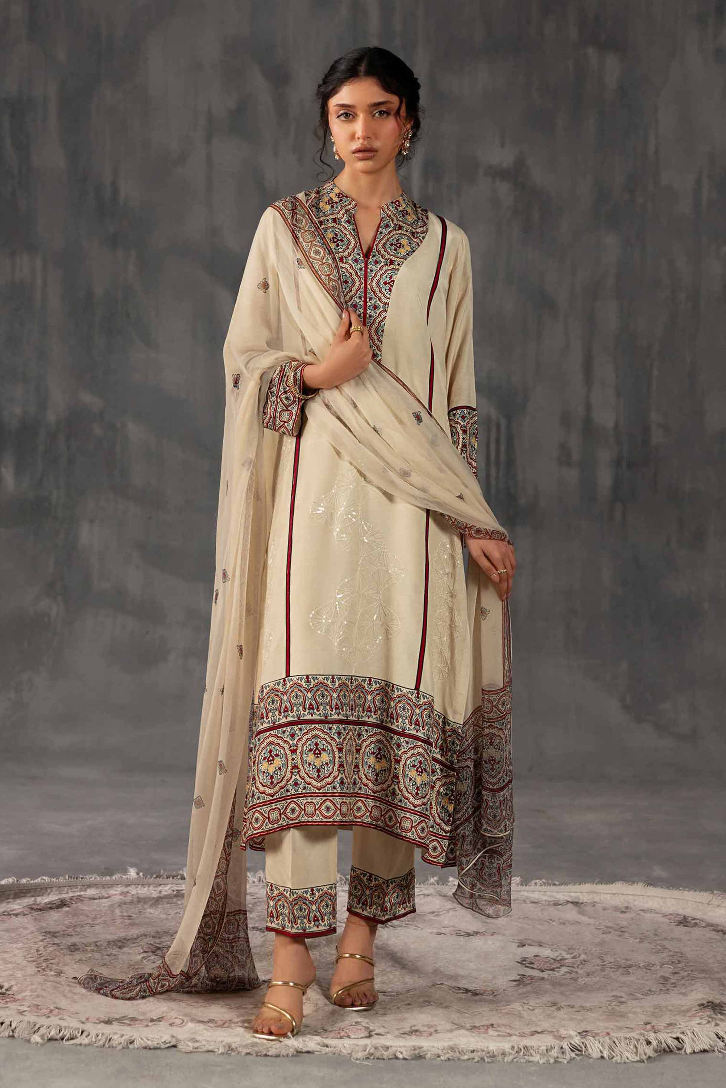 3 Piece - Printed Embroidered Suit - KFE26-109 Off White Silk Embroidered A-Line shirt