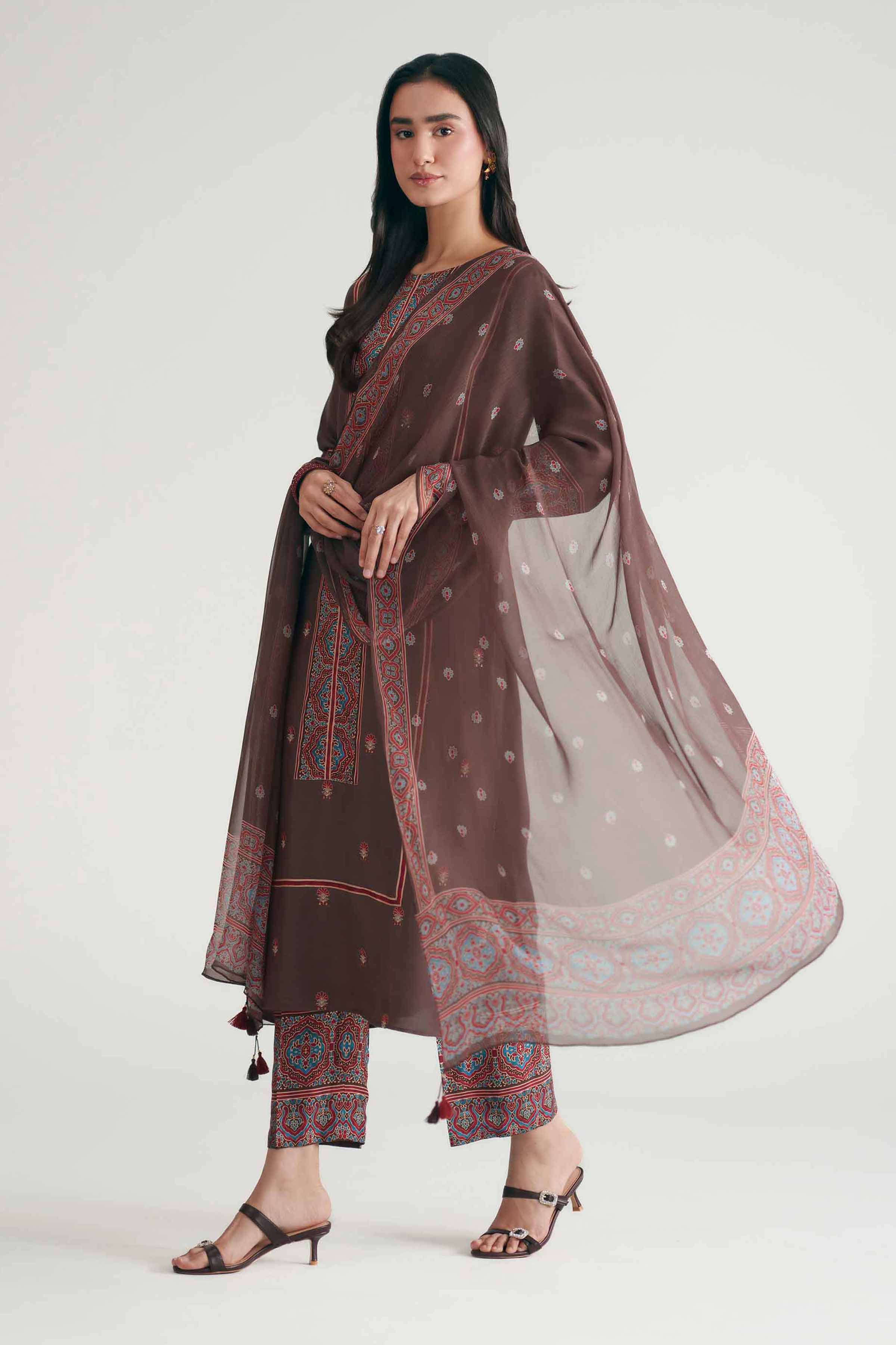 3 Piece - Printed Embroidered Suit - KFE26-110 Brown Silk 3PC Embroidered READY TO WEAR