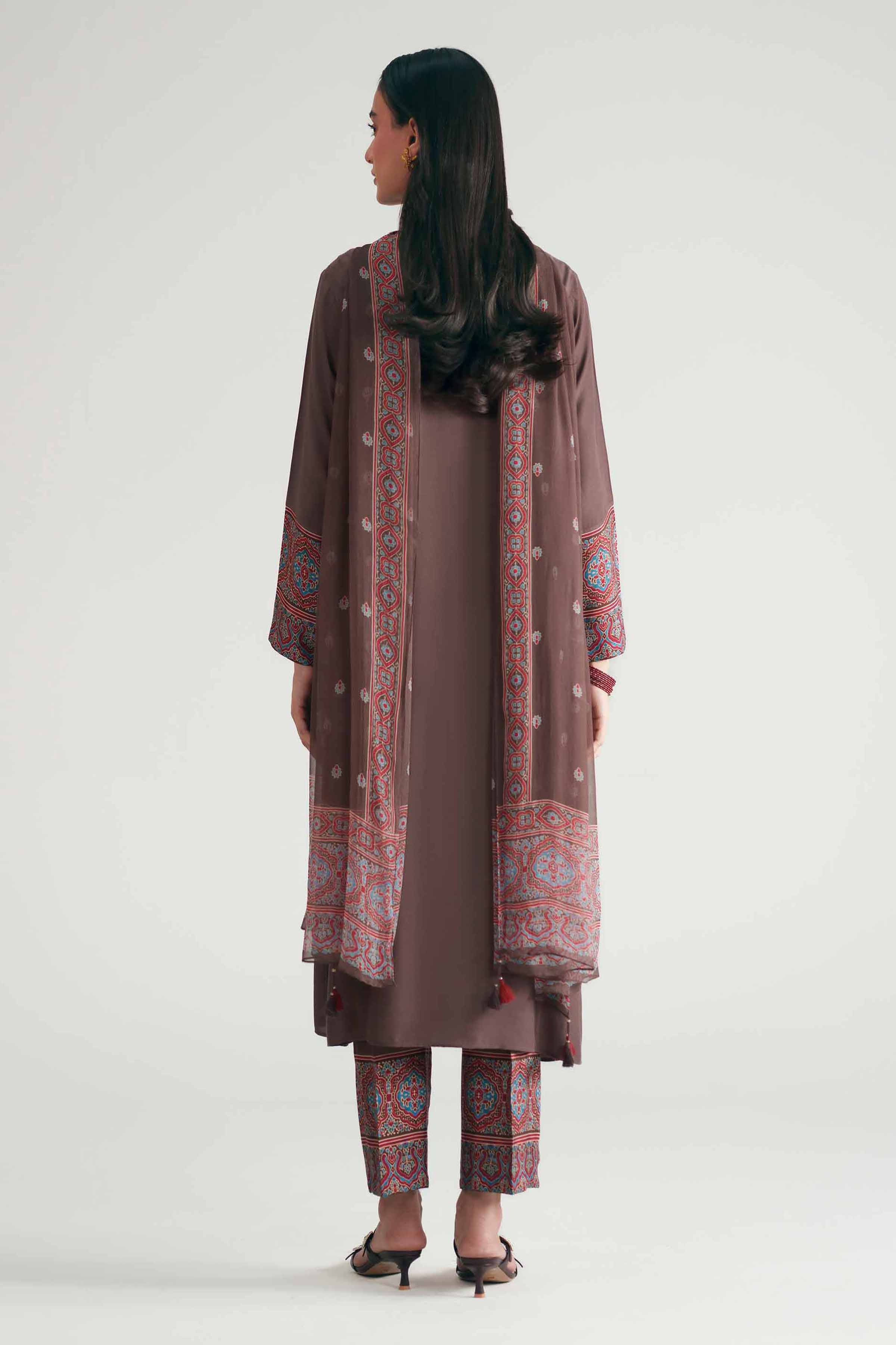 3 Piece - Printed Embroidered Suit - KFE26-110 Brown Silk 3PC Embroidered READY TO WEAR