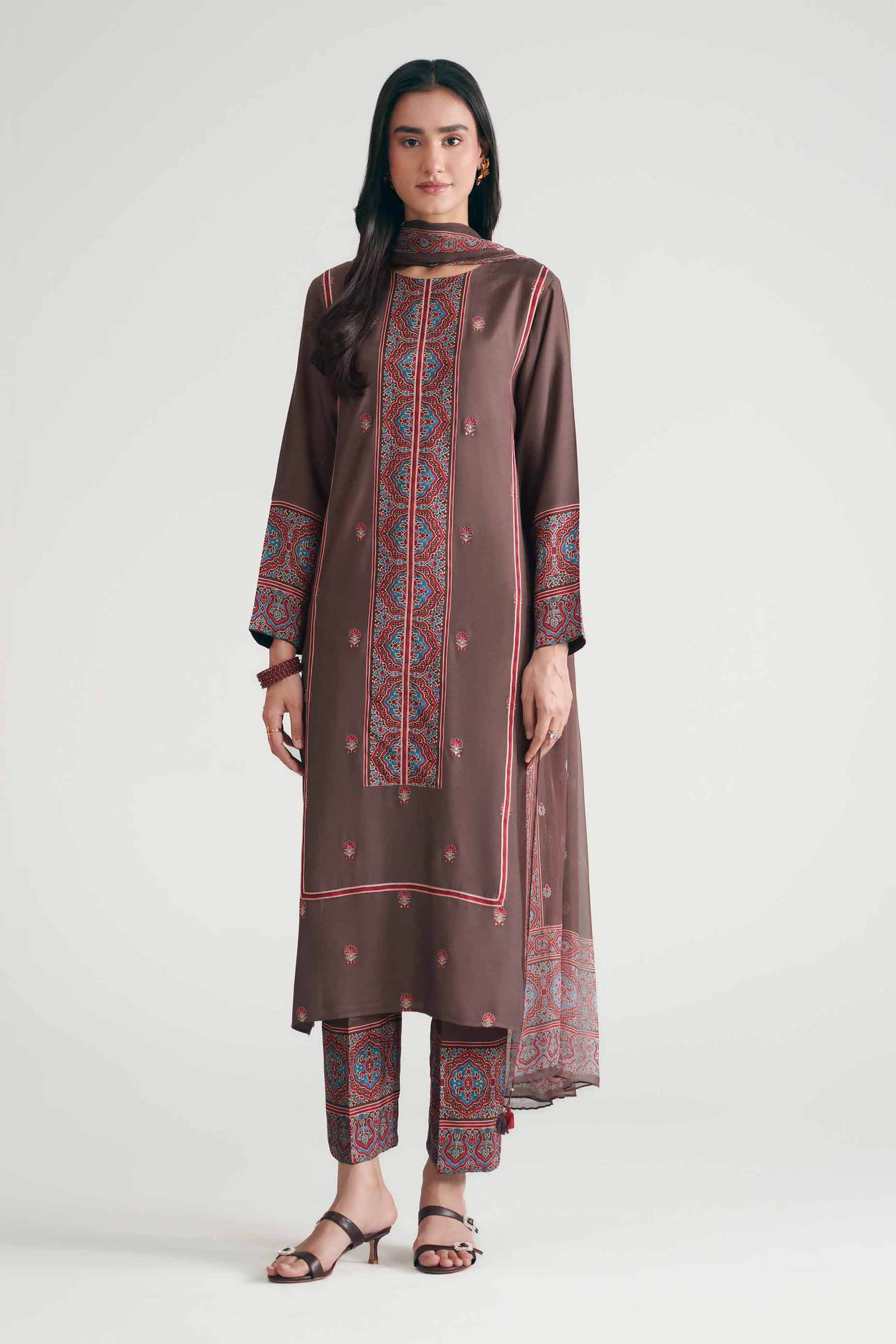 3 Piece - Printed Embroidered Suit - KFE26-110 Brown Silk 3PC Embroidered READY TO WEAR