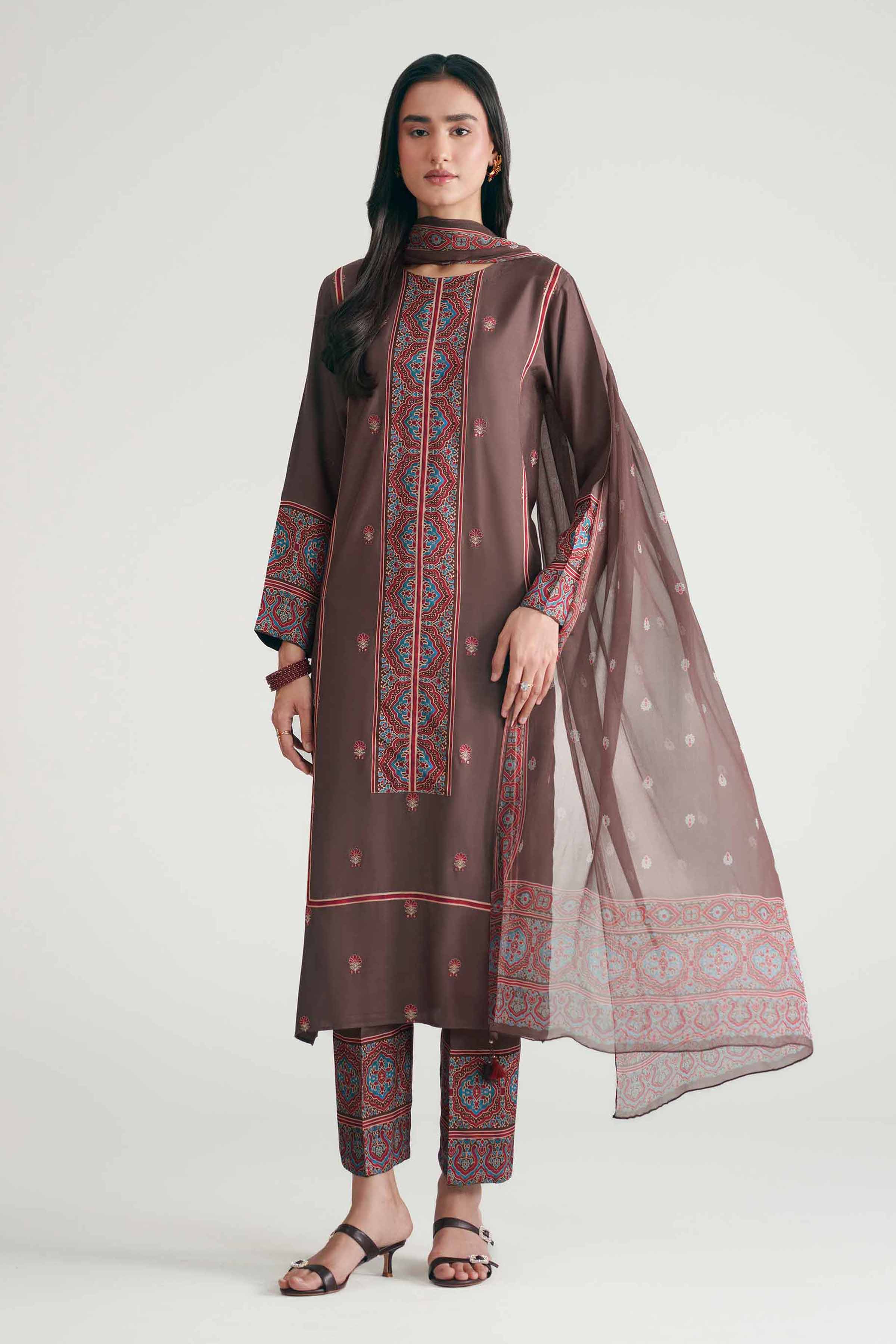3 Piece - Printed Embroidered Suit - KFE26-110 Brown Silk 3PC Embroidered READY TO WEAR