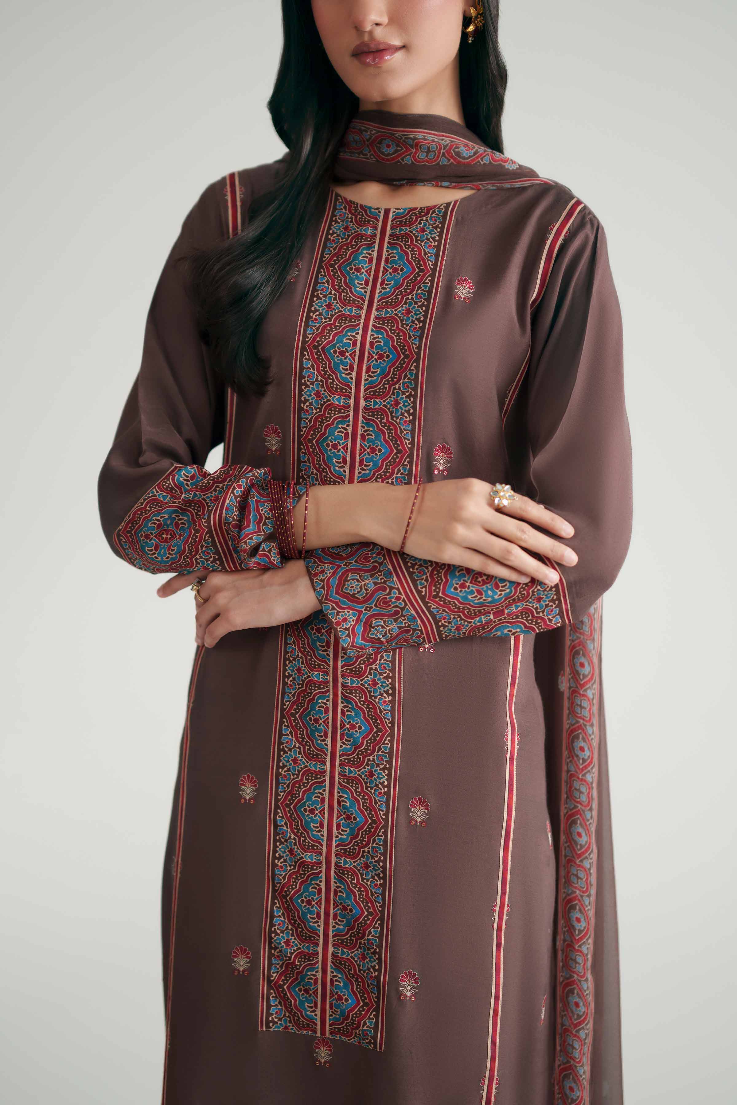 3 Piece - Printed Embroidered Suit - KFE26-110 Brown Silk 3PC Embroidered READY TO WEAR