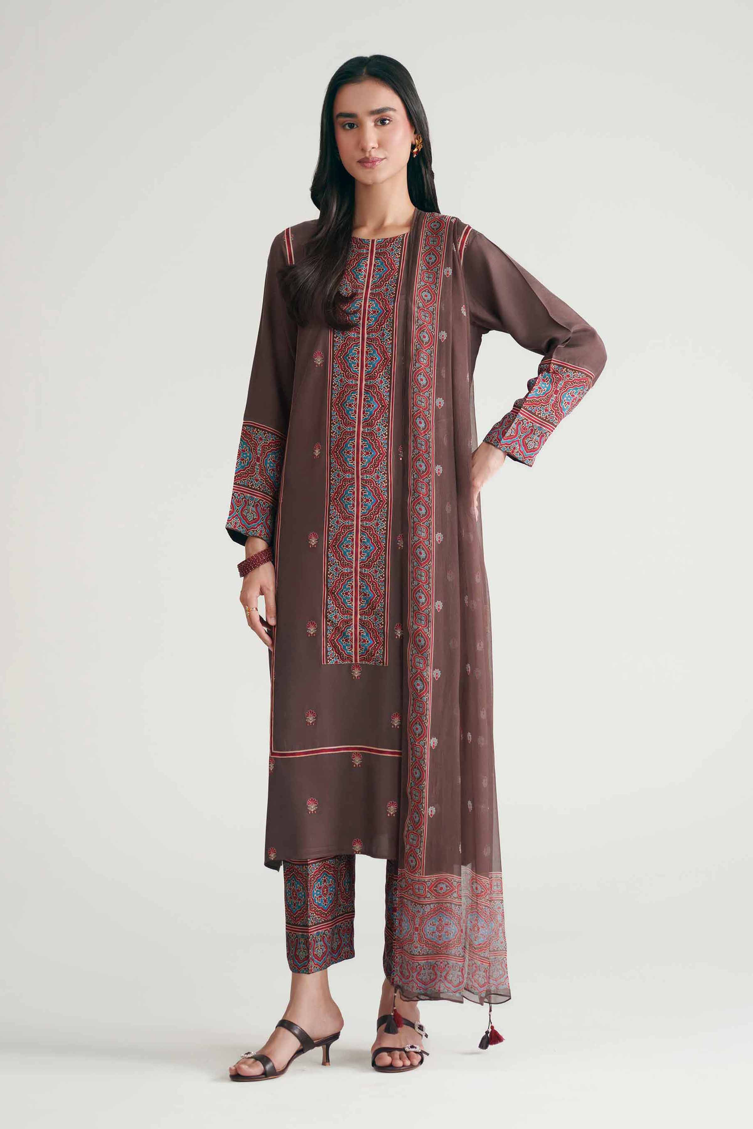 3 Piece - Printed Embroidered Suit - KFE26-110 Brown Silk 3PC Embroidered READY TO WEAR