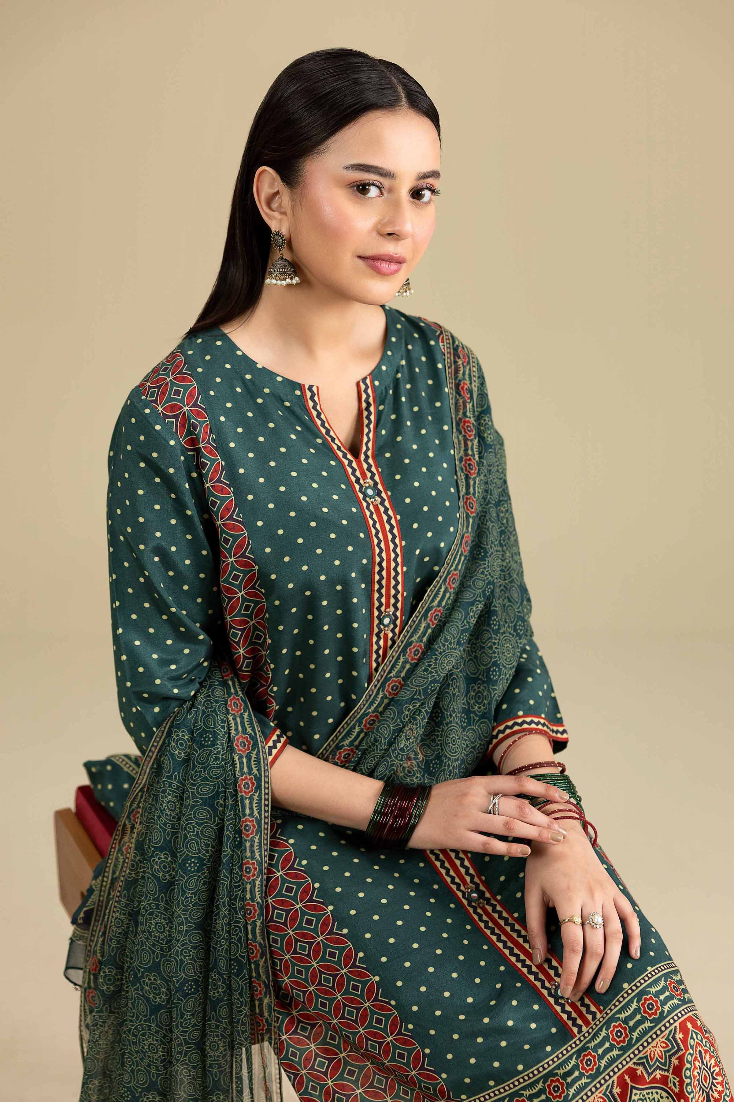 3 Piece - Printed Suit - KFE26-111 Green Silk 3PC Printed READY TO WEAR