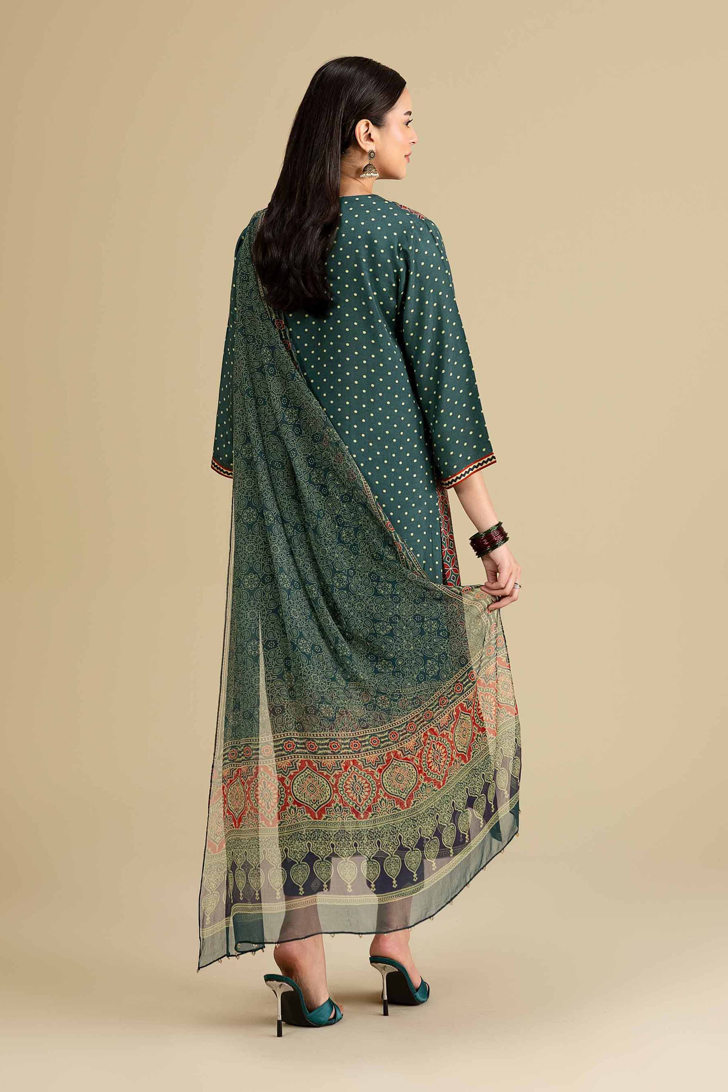 3 Piece - Printed Suit - KFE26-111 Green Silk 3PC Printed READY TO WEAR