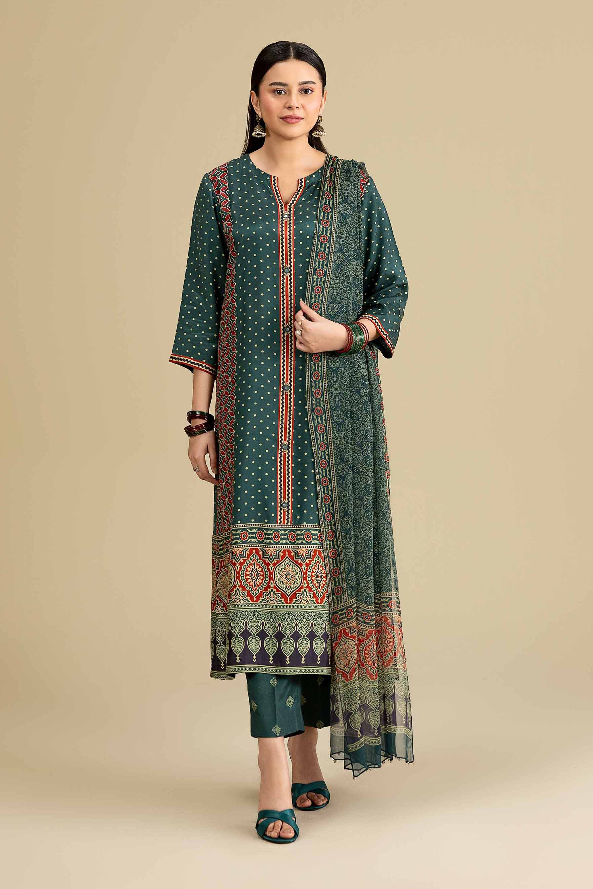 3 Piece - Printed Suit - KFE26-111 Green Silk 3PC Printed READY TO WEAR