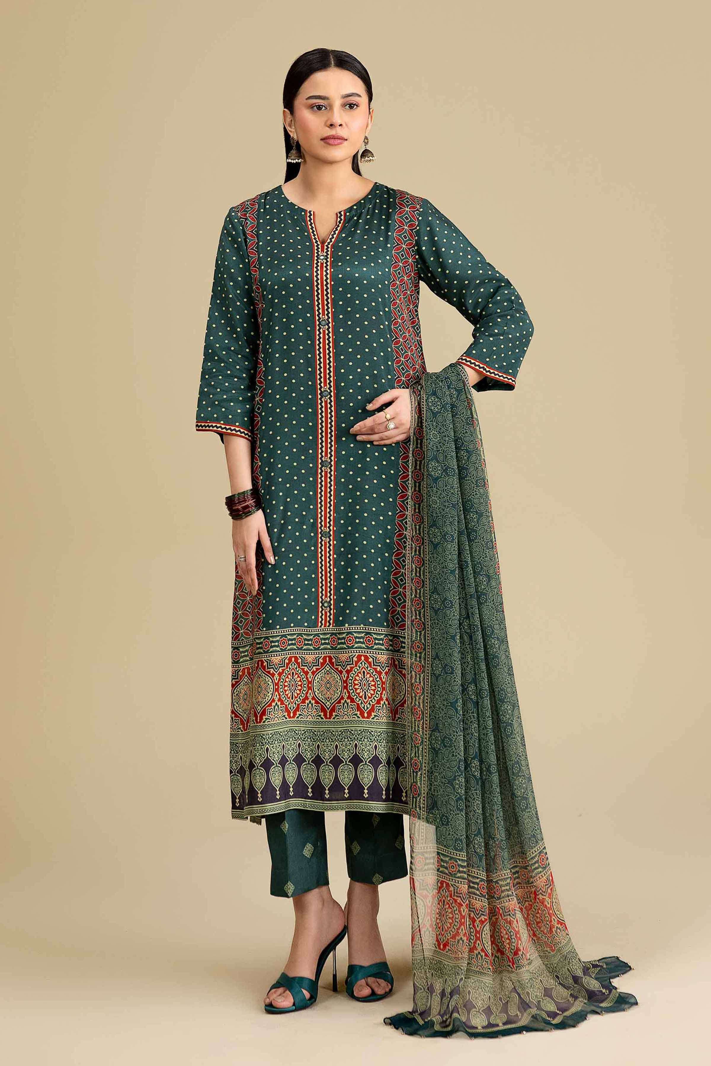 3 Piece - Printed Suit - KFE26-111 Green Silk 3PC Printed READY TO WEAR