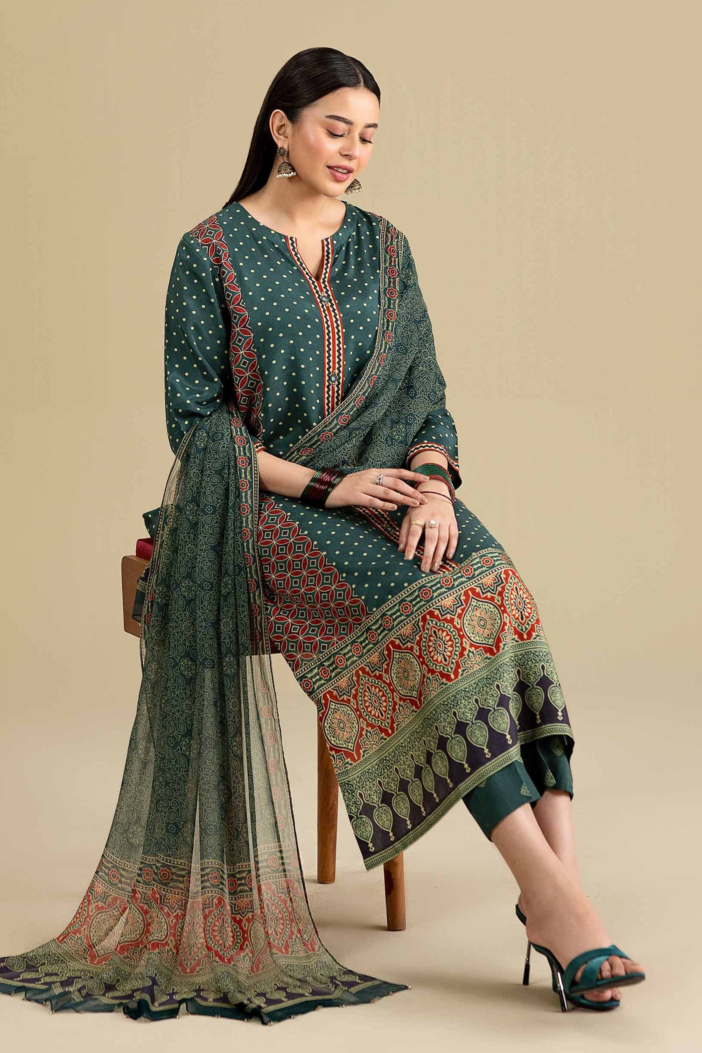 3 Piece - Printed Suit - KFE26-111 Green Silk 3PC Printed READY TO WEAR