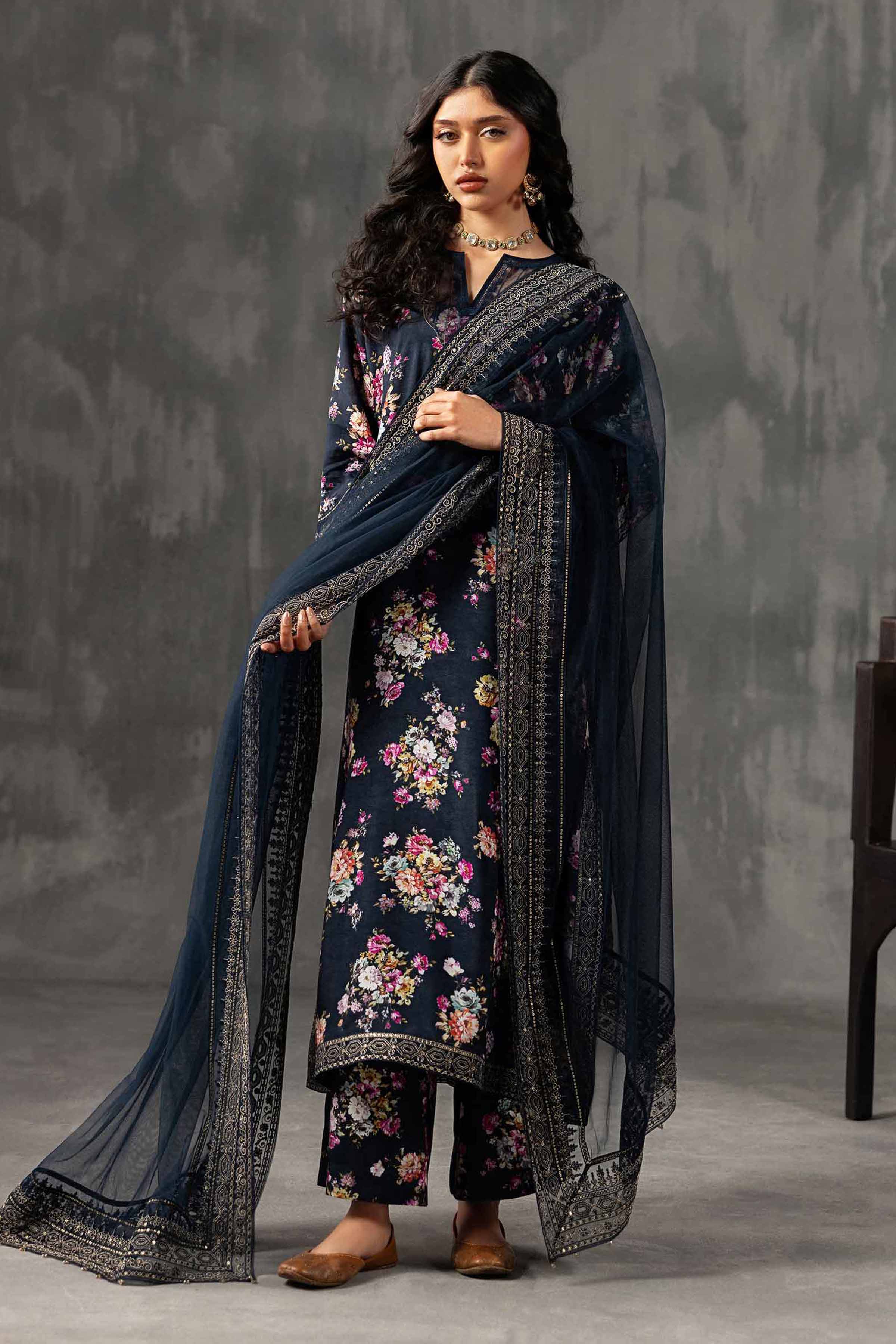 3 Piece - Printed Embroidered Suit - KFE26-118 Blue Silk 3PC Embroidered READY TO WEAR