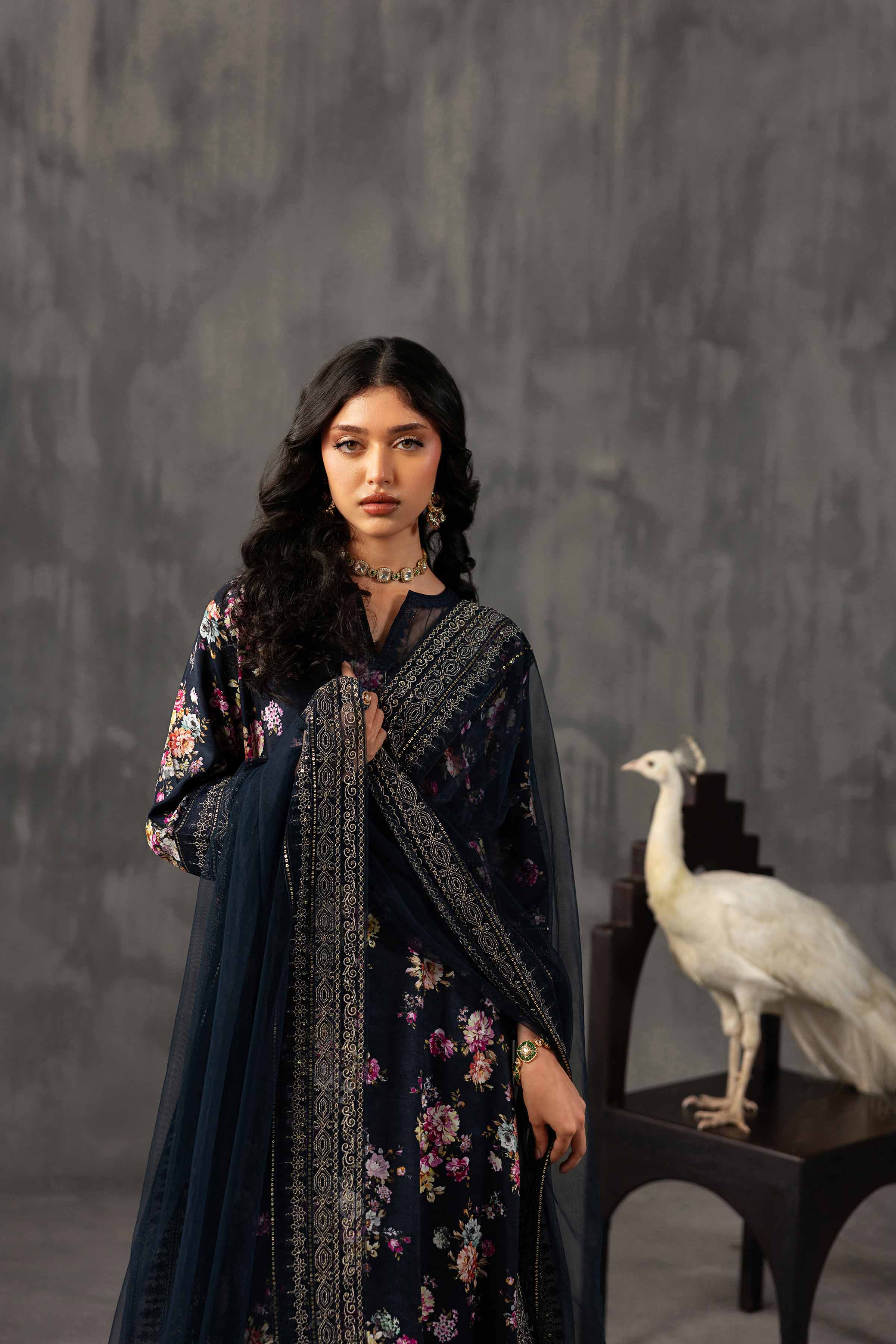 3 Piece - Printed Embroidered Suit - KFE26-118 Blue Silk 3PC Embroidered READY TO WEAR