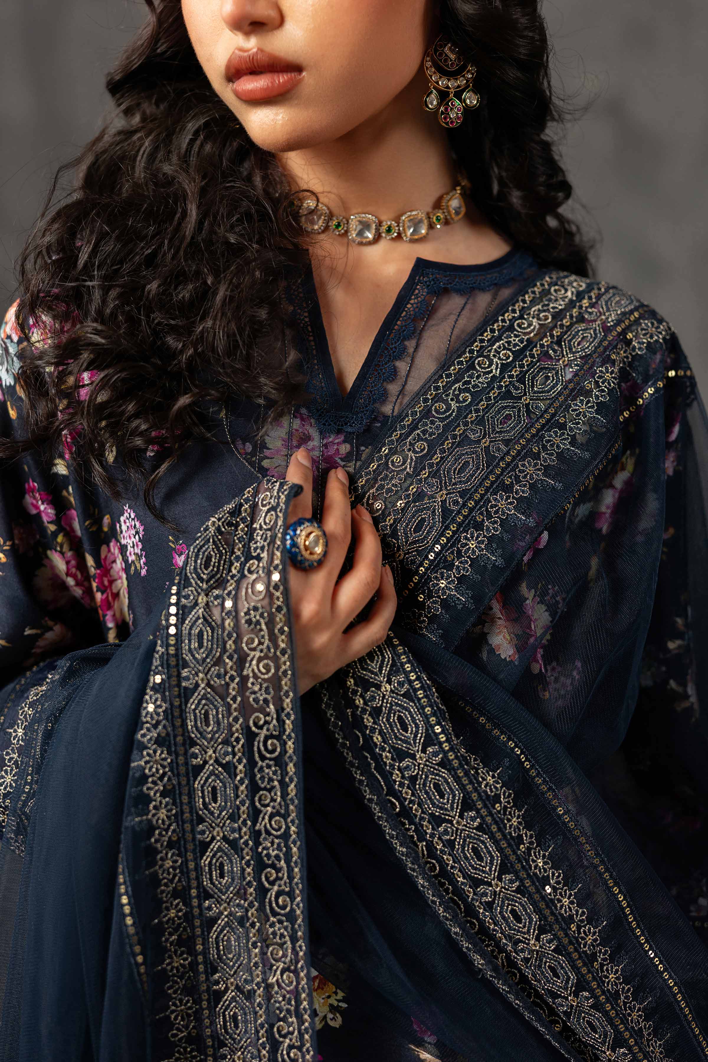 3 Piece - Printed Embroidered Suit - KFE26-118 Blue Silk 3PC Embroidered READY TO WEAR