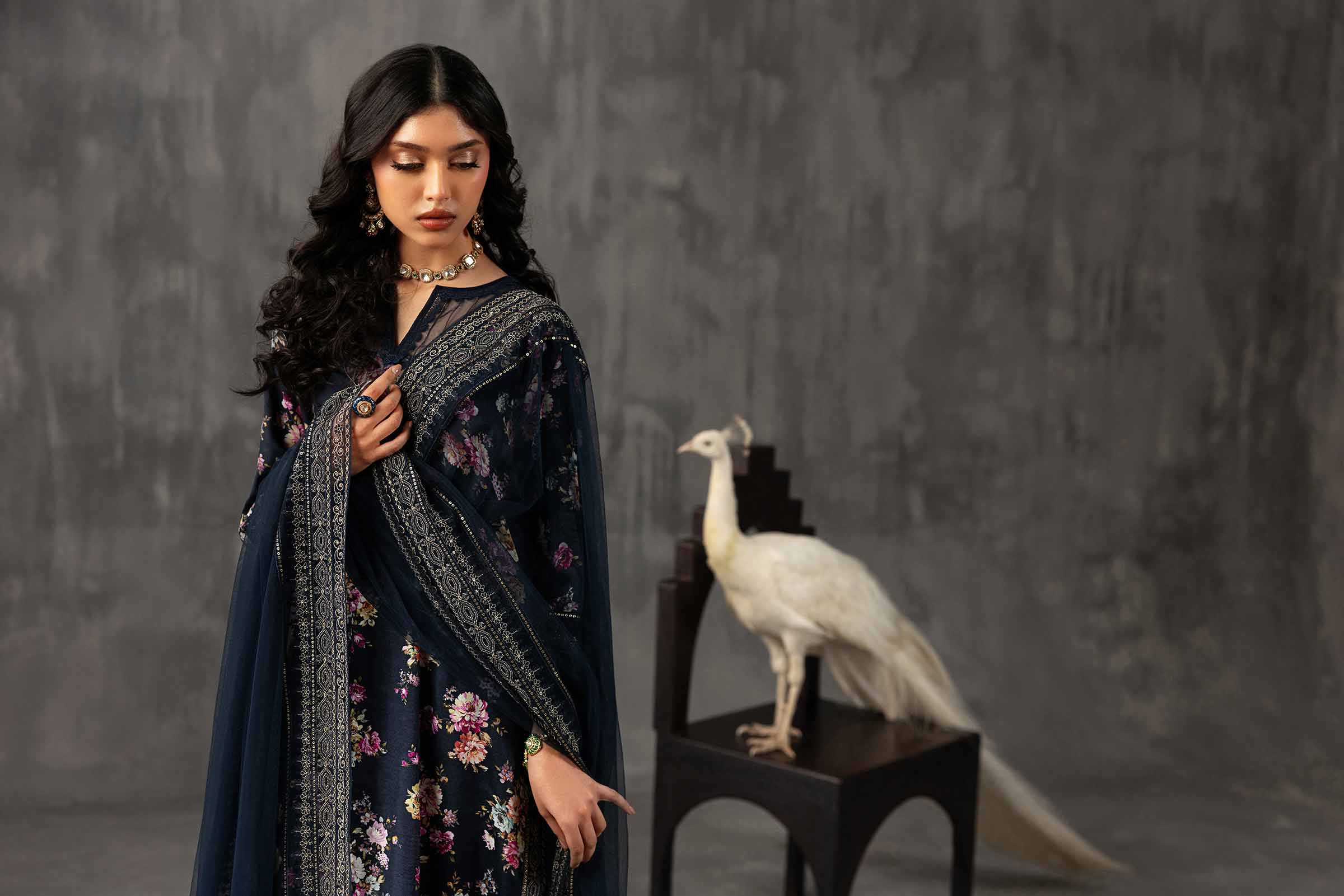 3 Piece - Printed Embroidered Suit - KFE26-118 Blue Silk 3PC Embroidered READY TO WEAR